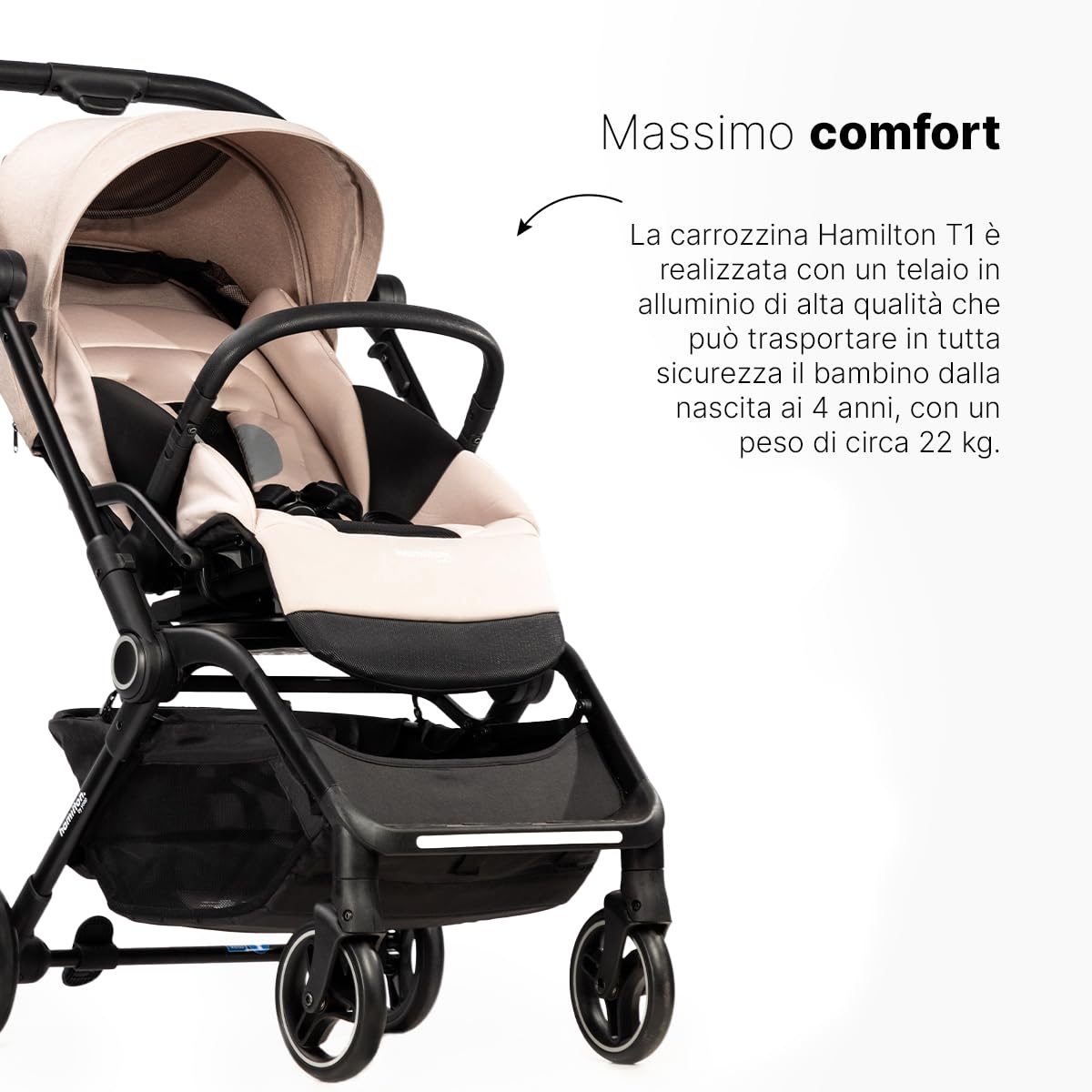 Hamilton by Yoop T1 Buggy - Seduta girevole a 360° - Tecnologia MagicFold™ - Pieghevole - Ruote riflettenti con sospensioni - Include borsa protettiva e portabicchieri - Passeggino regolabile - Cachi
