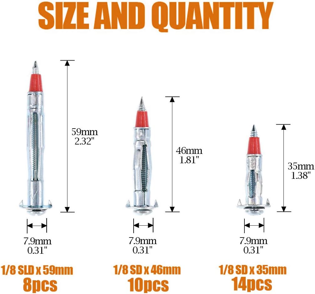 ISPINNER 32pcs 35/46/59mm Zinc Plated Steel Hollow Wall Drive Anchor Screws Assortment Kit for Drywall Hanging Walls Paneling or Ceilings : Industrial & Scientific