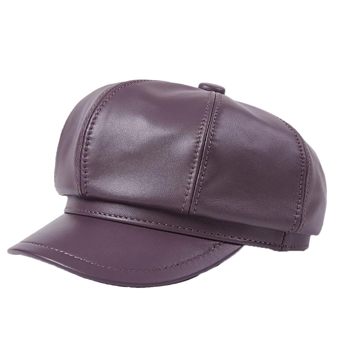 Gorra de piel auténtica para mujer, estilo vintage, de piel de oveja, estilo panadero, octogonal, para invierno, Morado (, XXL