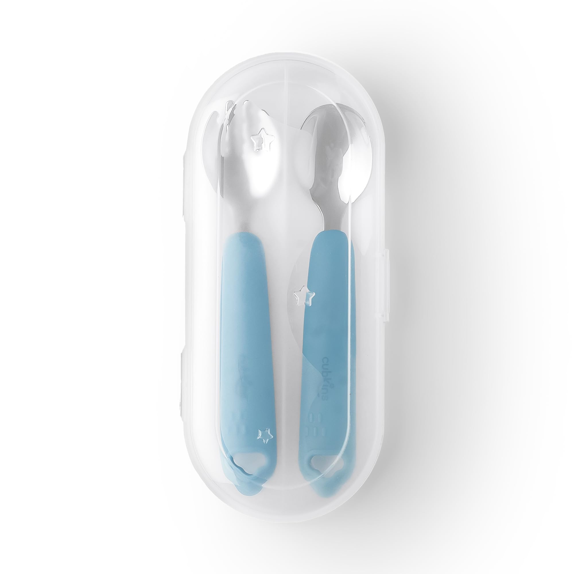 Cubkins Steel Spoon & Fork Set for Babies with Soft Silicone Handle and Cover | Non Toxic, Food Safe and BPA Free | Washable and Reusable (Blue Olive) - Image 7 thumbnail