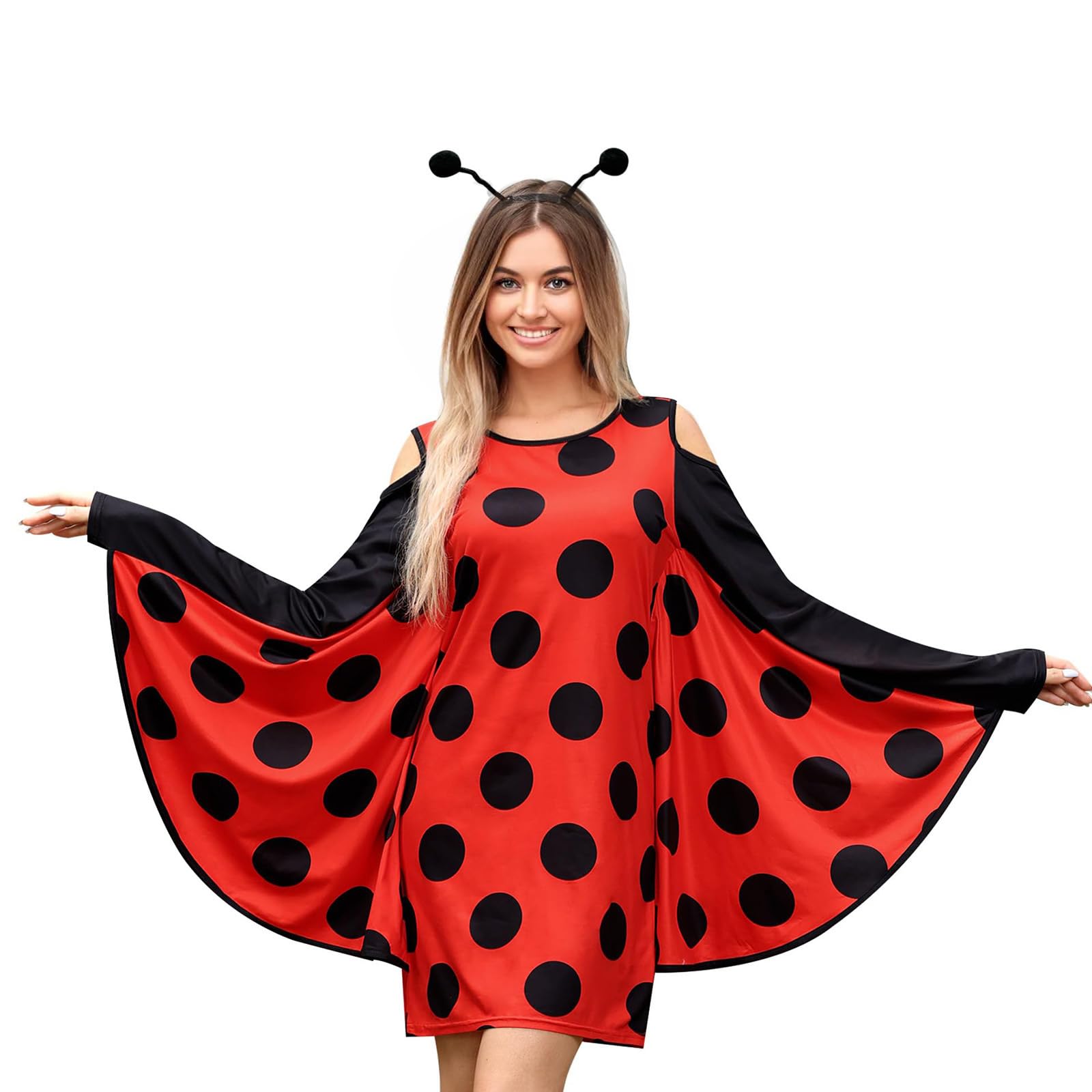 ensswliz Women Bee Halloween Costumes with Wings Headband Leg Sleeves for Party Dress Up Funny Animal Bumble Bee Ladybug Costume (J-Red, M)