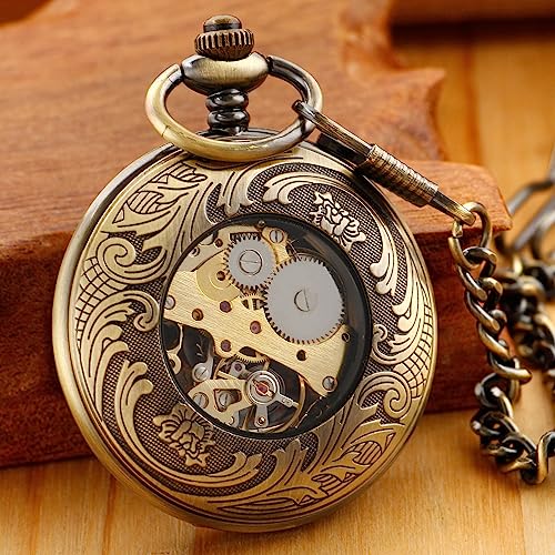 Image of Bronze Retro Mechanical Pocket Watch Skeleton Roman Numerals Hollow Mechanical Pocket Watches with Box