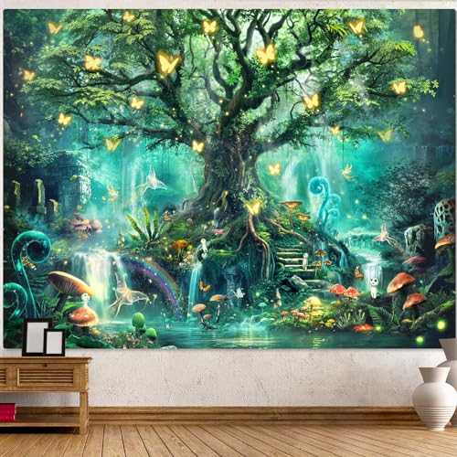 Zussun Fantasy Forest Tapestry Green Fairy Magical Tree Of Life Tapestries For Bedroom Aesthetic Nature Plant Tapastry'S Wall Hanging Mushroom Butterfly Elves Wall Tapestry For Living Room Dorm cover