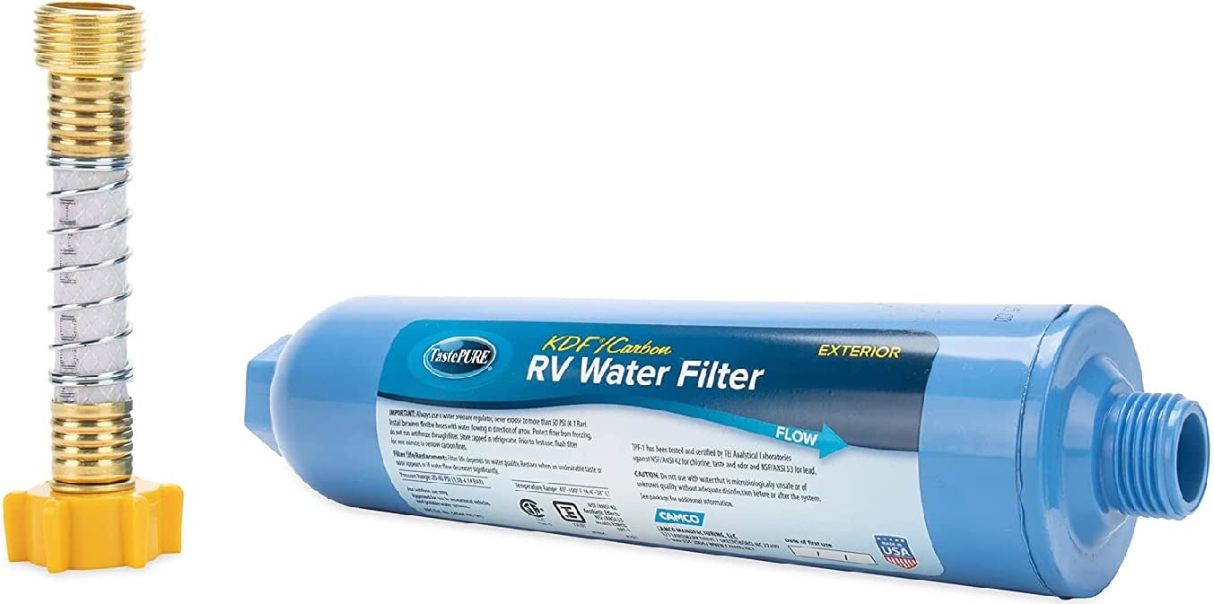 Camco TastePURE - Filtro de agua y protector de manguera para caravana/caravana, ideal para caravanas, remolques de viaje, barcos, fabricado en los Estados Unidos (40043)