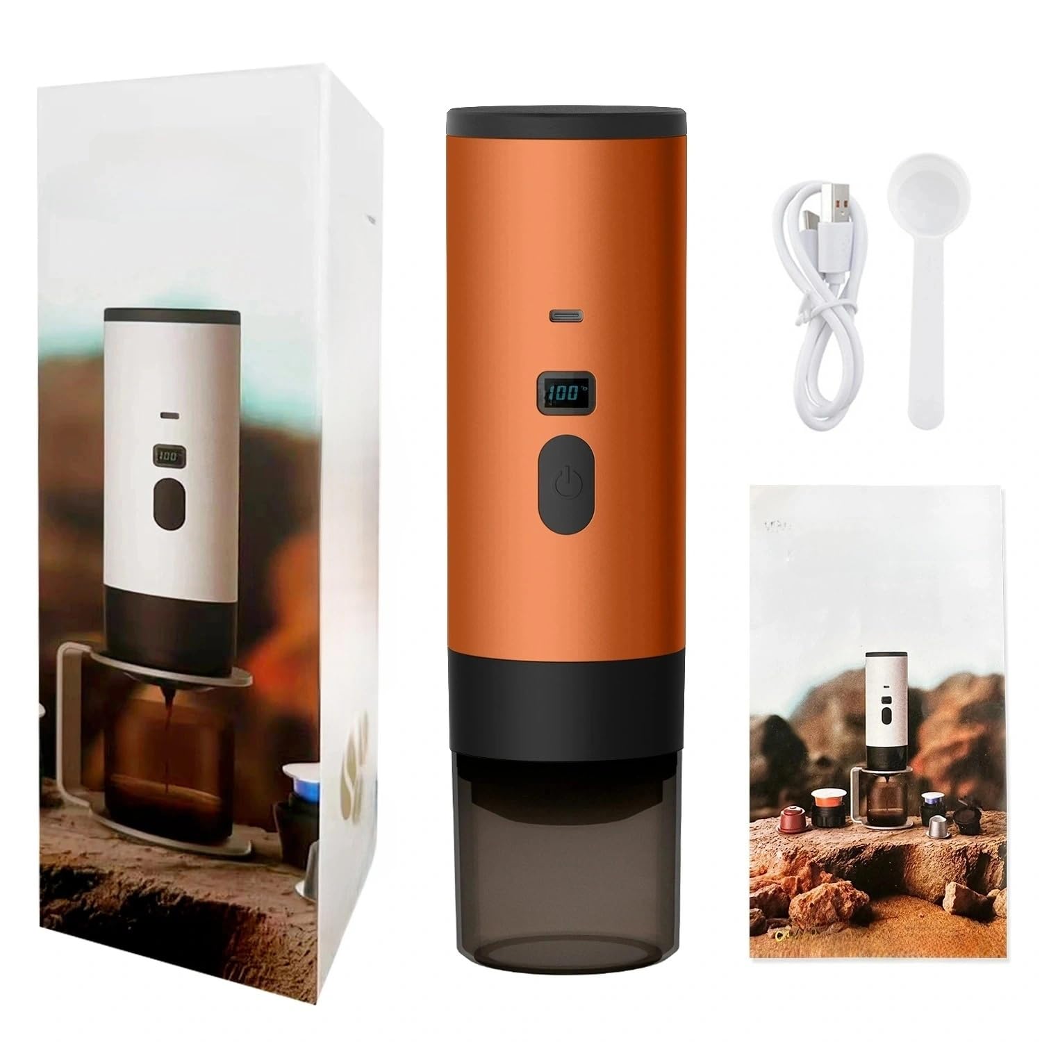 Portable Electric Espresso Coffee Maker, Rechargeable Capsule Machine, 90ML Tank, 120ML Cup, 5 Colors (Vitality Orange Standard Edition, Velvet Bag without Stand)