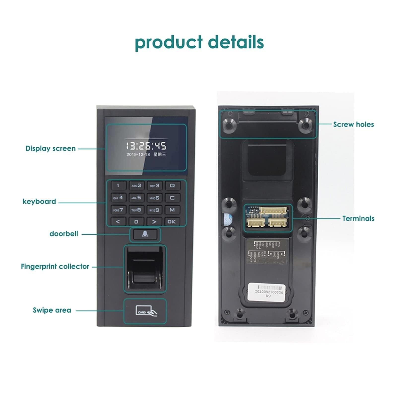 Fingerabdruck-Tastatursystem mit RFID-Zutrittskontrolle, 125 kHz/13,56 MHz, USB-Zeiterfassungsgerät, TCP/IP-Zeiterfassungsgerät