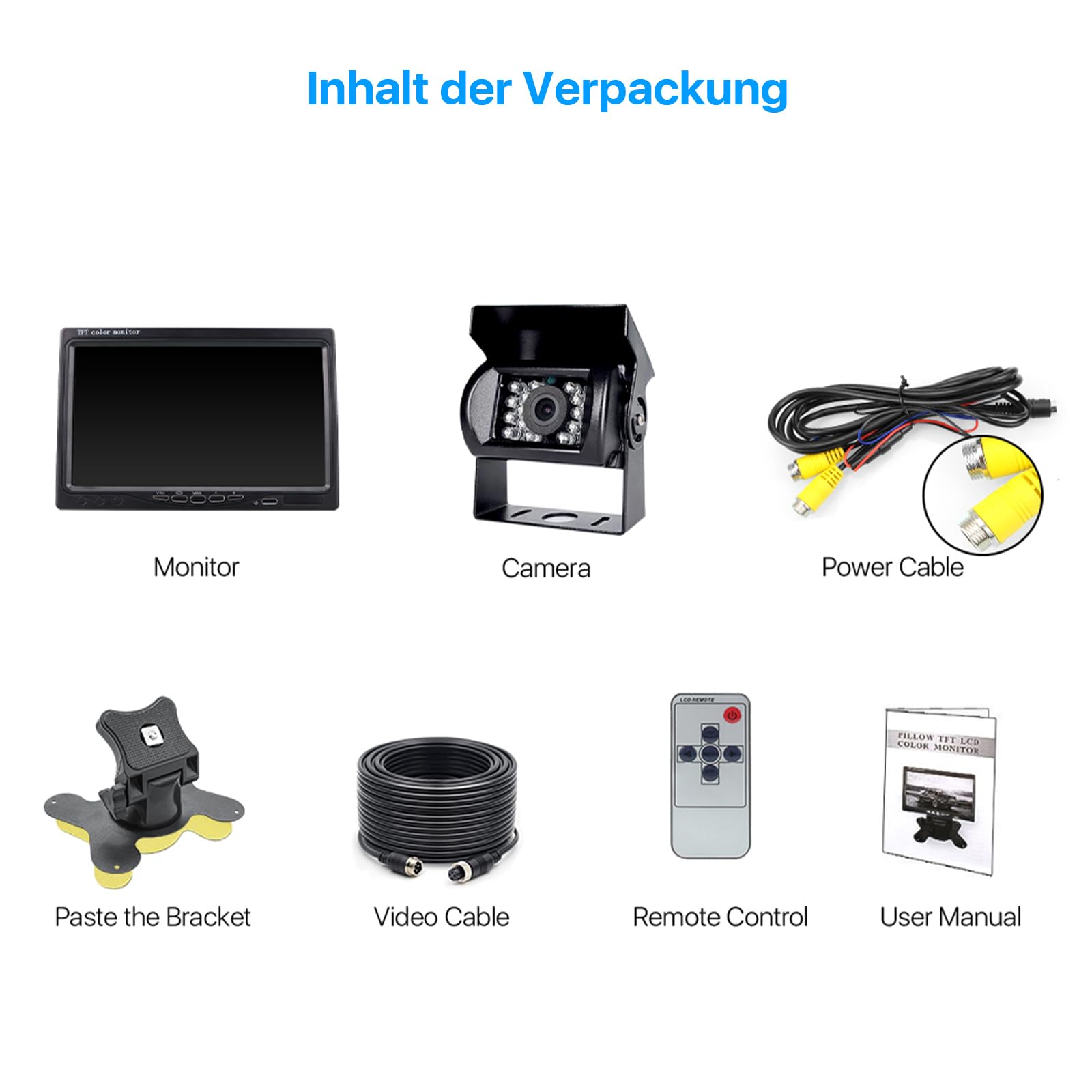 7 "1080P HD, visione notturna a infrarossi, IP69K, antipolvere, impermeabile, cavo da 15 m, supporta doppi canali, aiuto per parcheggio per camion/roulotte rimorchi