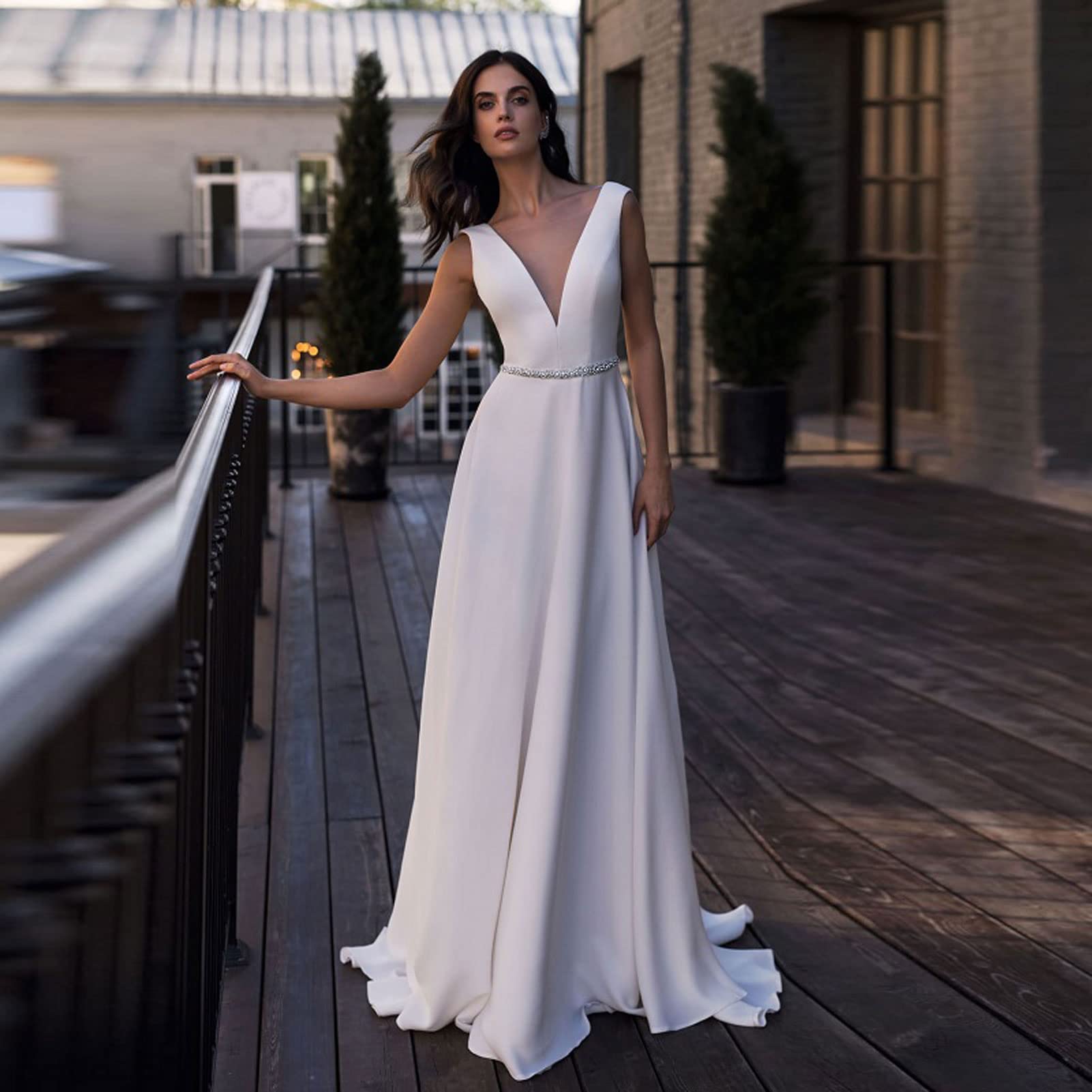Vestido de Sirena sin Mangas de Satén de Boda Doble Cuello V Vestido de Noche de Boda, Blanco, 16