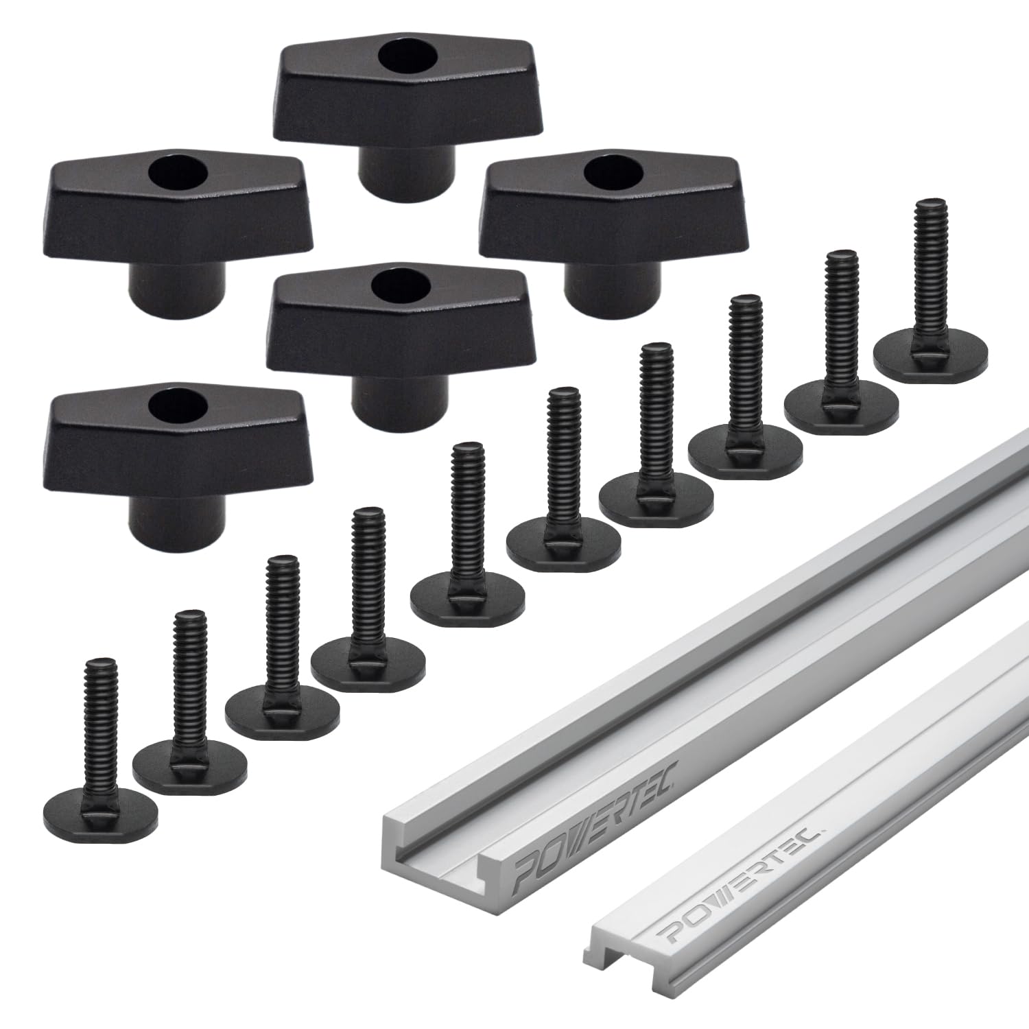 POWERTEC 48" Table Saw Miter T-Track Kit – Includes T-Bar, 5pcs T Knobs & 10pcs 1/4"-20, 1" Long Miter T Slot Bolts | Miter T Track Accessories for Table Saw & Router Table (72193)