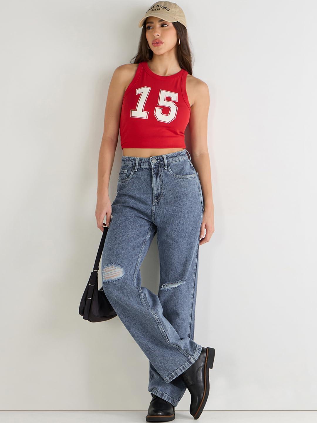 Bewakoof Jeans desgastados de ajuste recto y holgados para mujer, Azul, 32