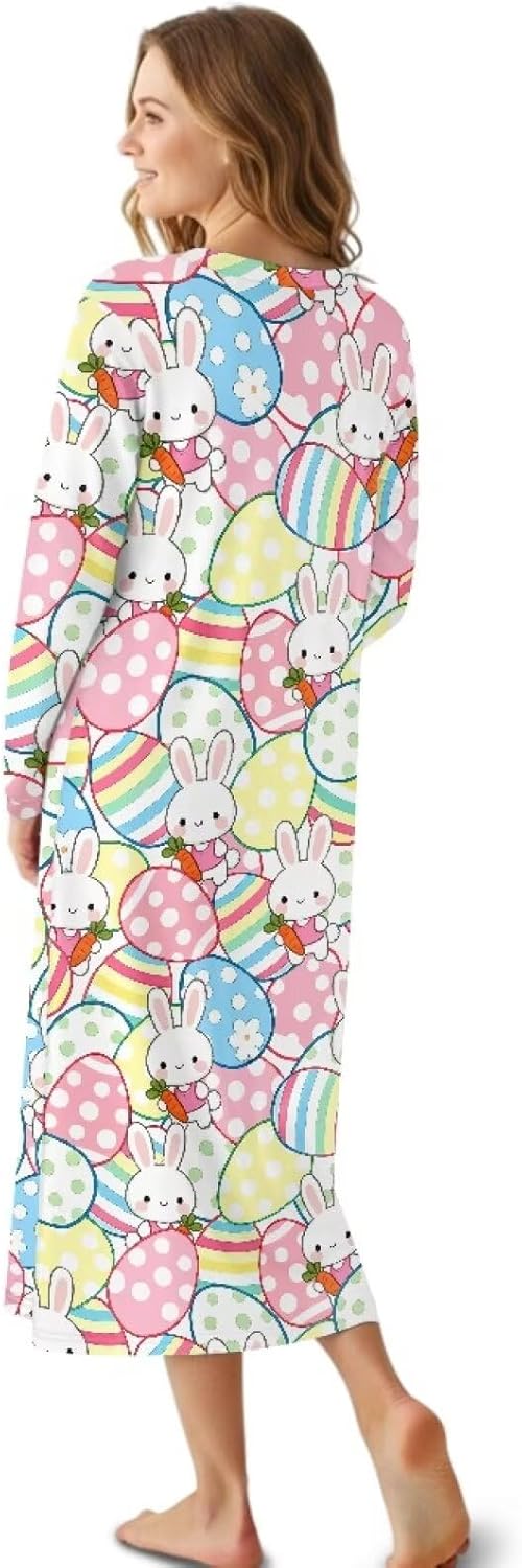 Women's Nightgown Long Sleeve Nightshirt V Neck Loungewear Button Down Sleepshirt Soft Sleepwear Pajama Dress S-4XL