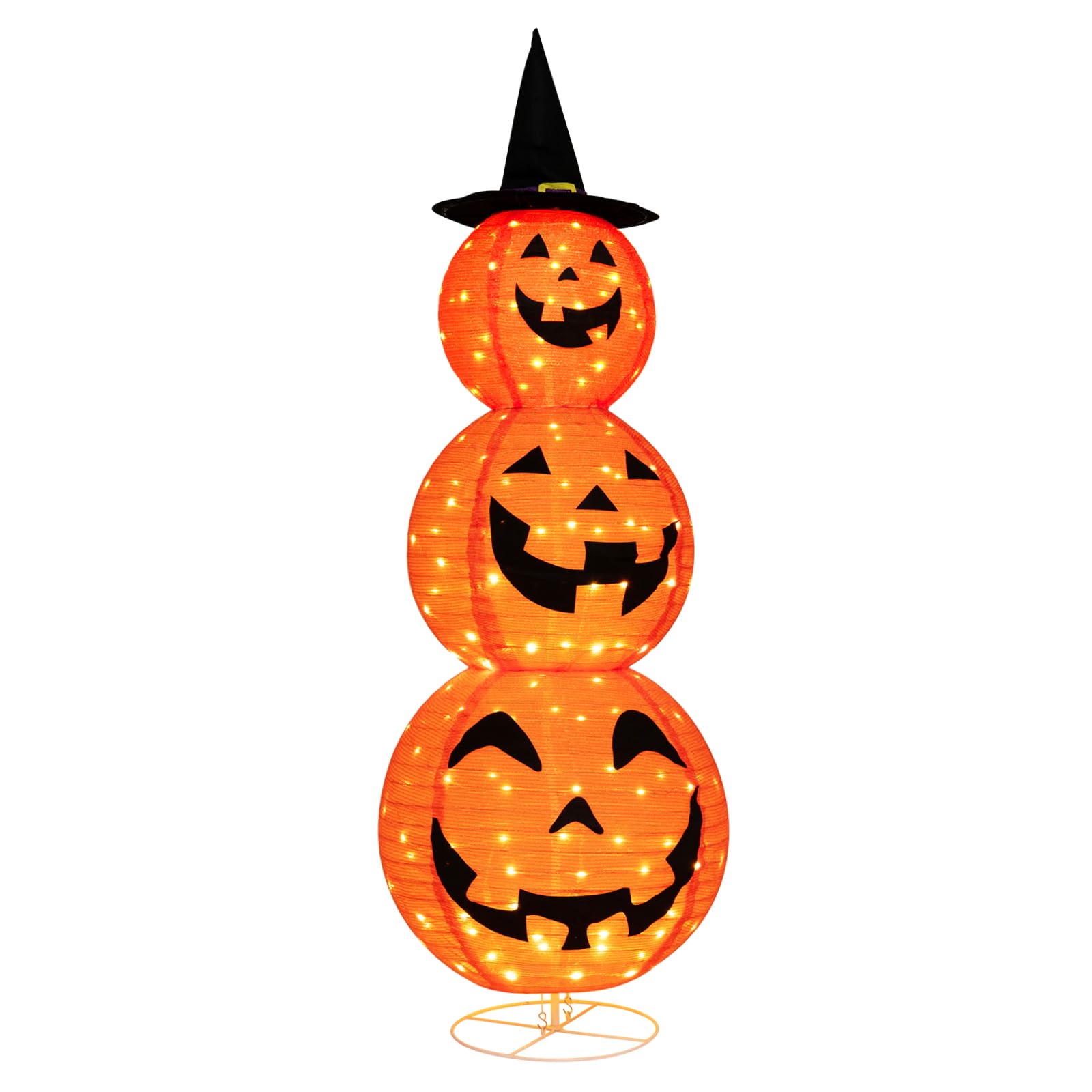 Tangkula 5 FT Halloween Lighted 3 Stacked Pumpkins, 3 Overlapped Pre-Lit Lighted Pumpkins with Hat, Pop up Jack-o-Lantern with Metal Stand for Indoor, Outdoor, Yard, Party, Home, Holiday Decor
