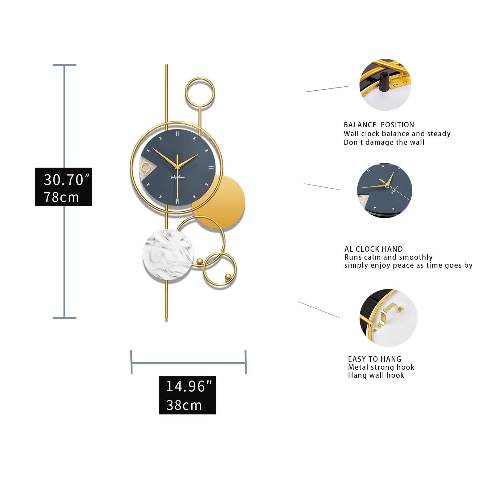 Große Wanduhr für Wohnzimmer Deko Moderne Luxus Gold Metall Wanduhr Batteriebetrieben ohne tickgeräusche für Küche Büro Schlafzimmer Dekorative lautlos Uhr 36x80cm