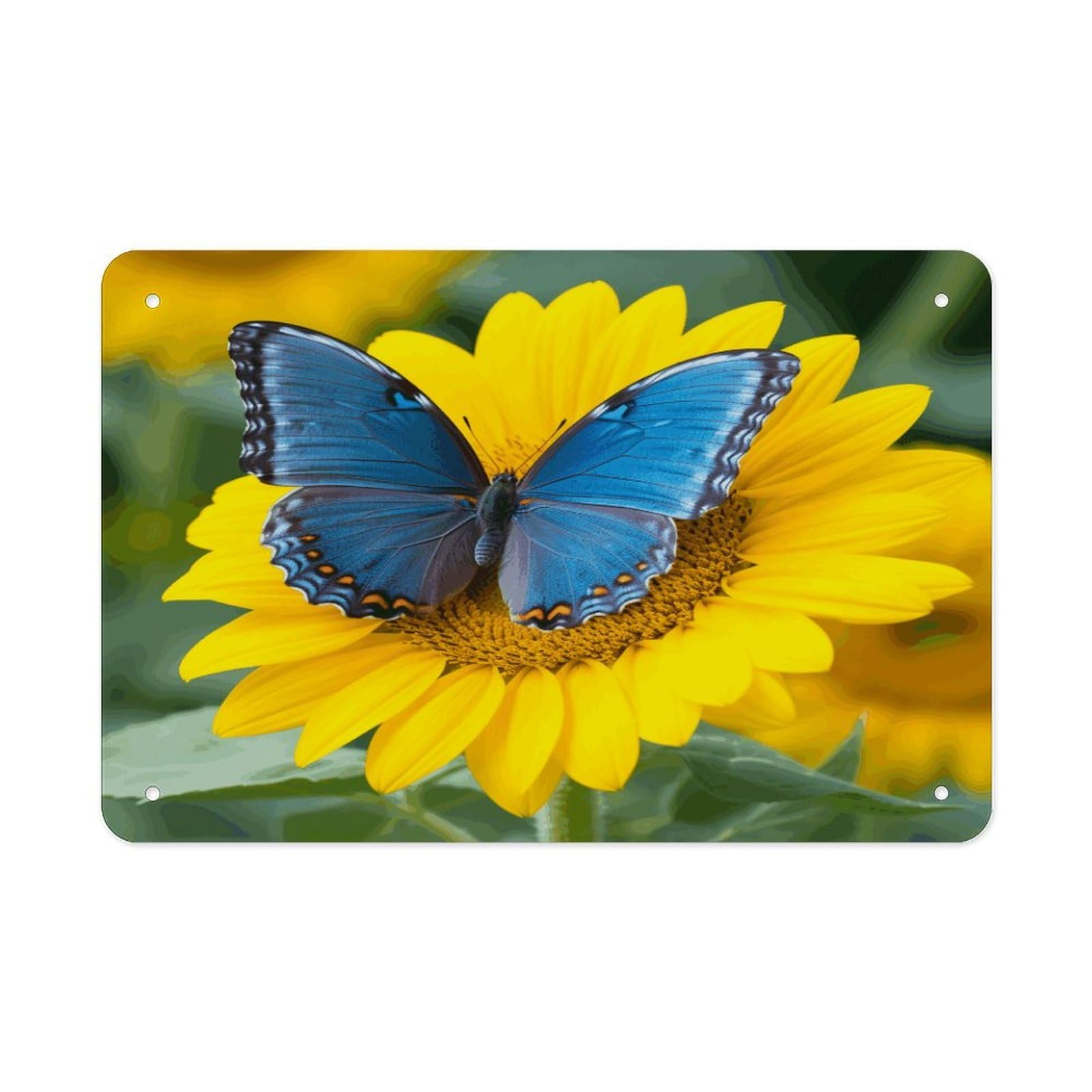 Sunflower Blue Butterfly Metal Tin Sign 12"x8" Wall Art Prints Poster Decorative Picture Metal Signboard Decor Painting Folded Edge Iron Sheet Painting with Holes for Wall Decor