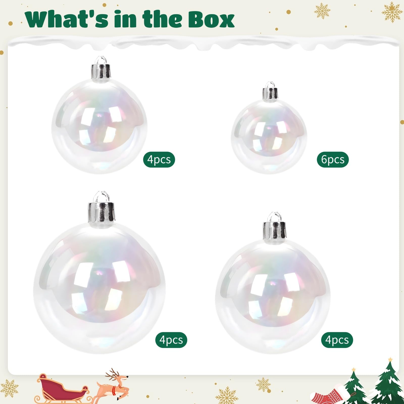 18 STK Christbaumkugeln, irisierende Ball-Ornamente aus transparentem Kunststoff in Regenbogenoptik, bruchsicher, 4 Größen, zum Aufhängen für Weihnachtsdeko