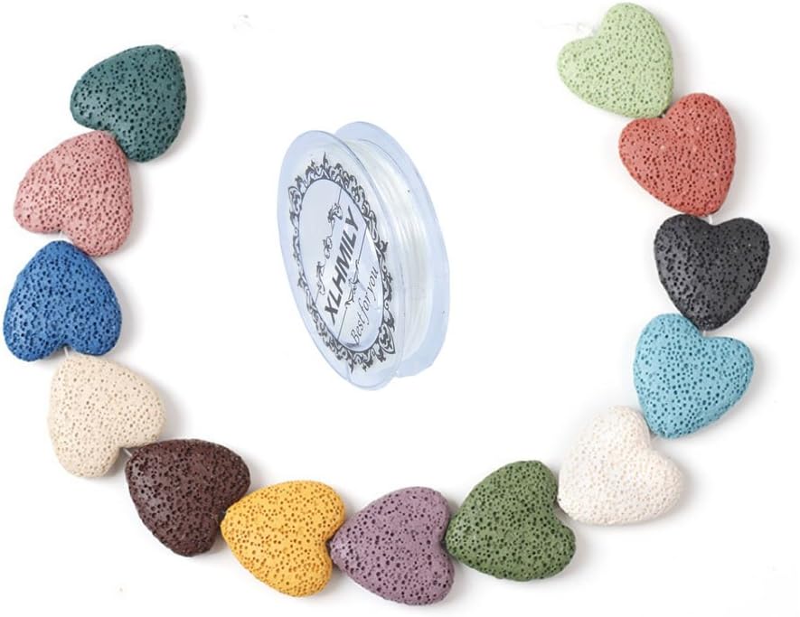 XLHMILY 15PCS 27x26x8mm Mixed Color Loose Heart-Shaped Lava Stone for Essential Oils Natural Healing Gemstone Volcanic Rock Beads Strand for Bracelet Necklace DIY Jewelry Making with Elastic Cord