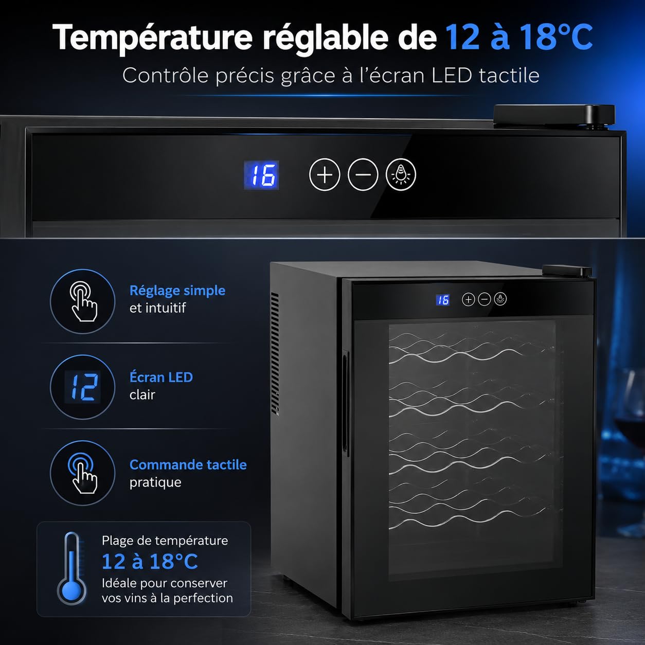 Cave à Vin 20 Bouteilles 48 L Réfrigérateur à Vin avec Température Réglable 12-18 °C, Porte en Verre Trempé, Lumière LED Bleue