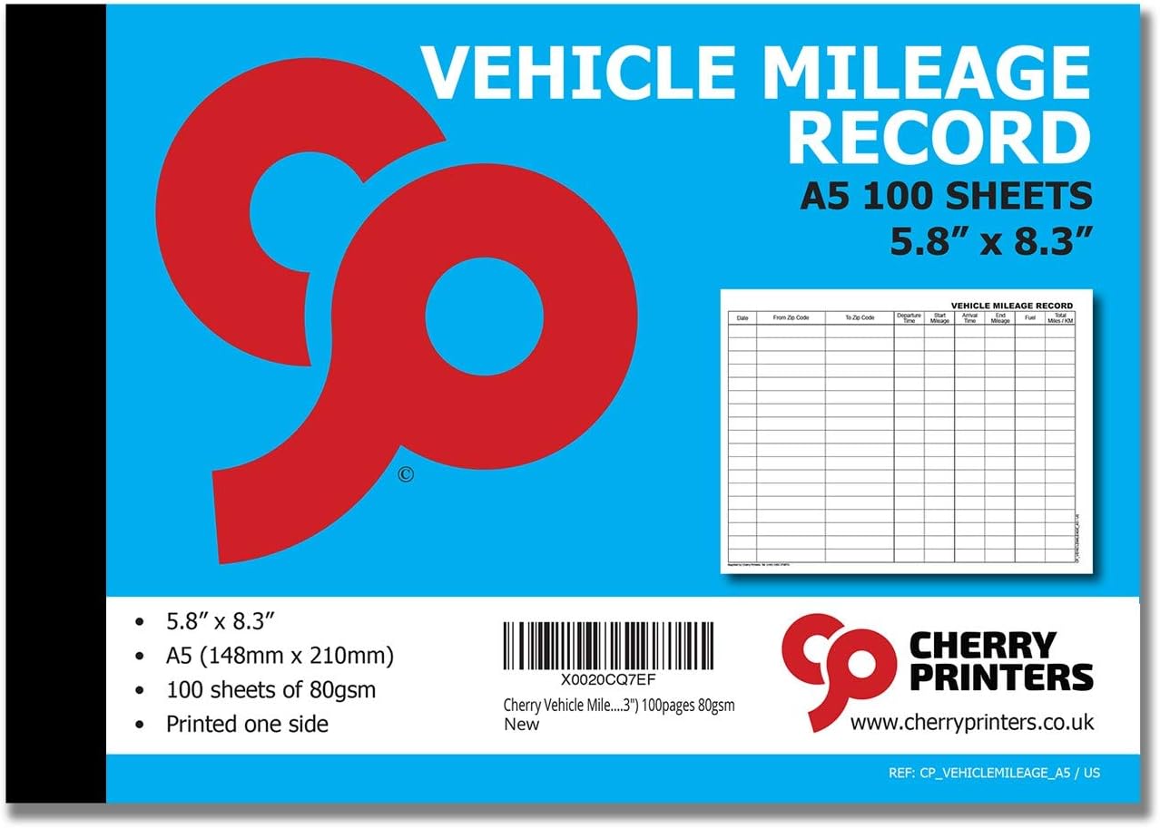 Cherry Vehicle Mileage Record Log Book A5 100pages 80gsm