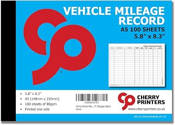 Cherry Printers | Vehicle Mileage Log Book A5 5.8 x 8.3 Inches 100 Sheets