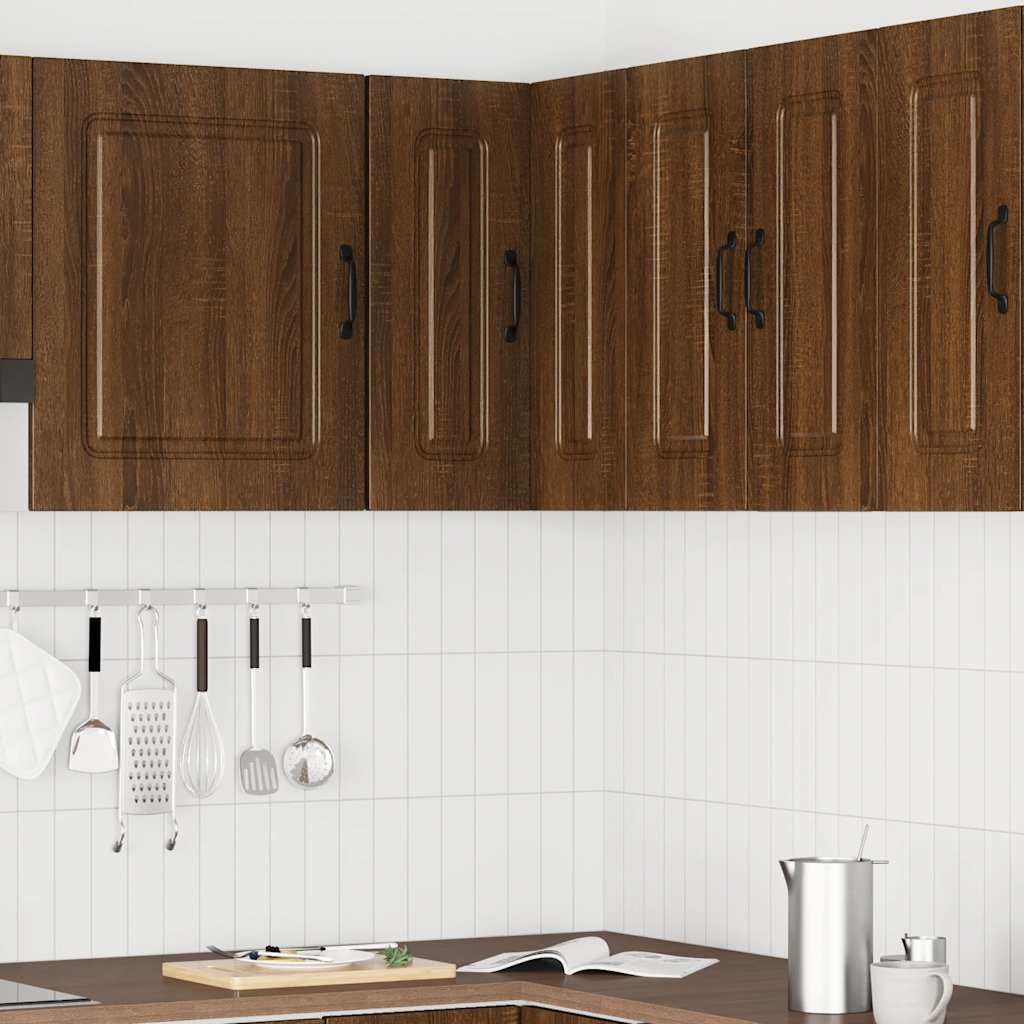 Eck-Wandschrank, Küche, Holz, Eiche, Braun | Glatte Oberfläche, feuchtigkeitsbeständig, verdeckte Tür, Wandhalterung, pflegeleicht, feuchtes Tuch