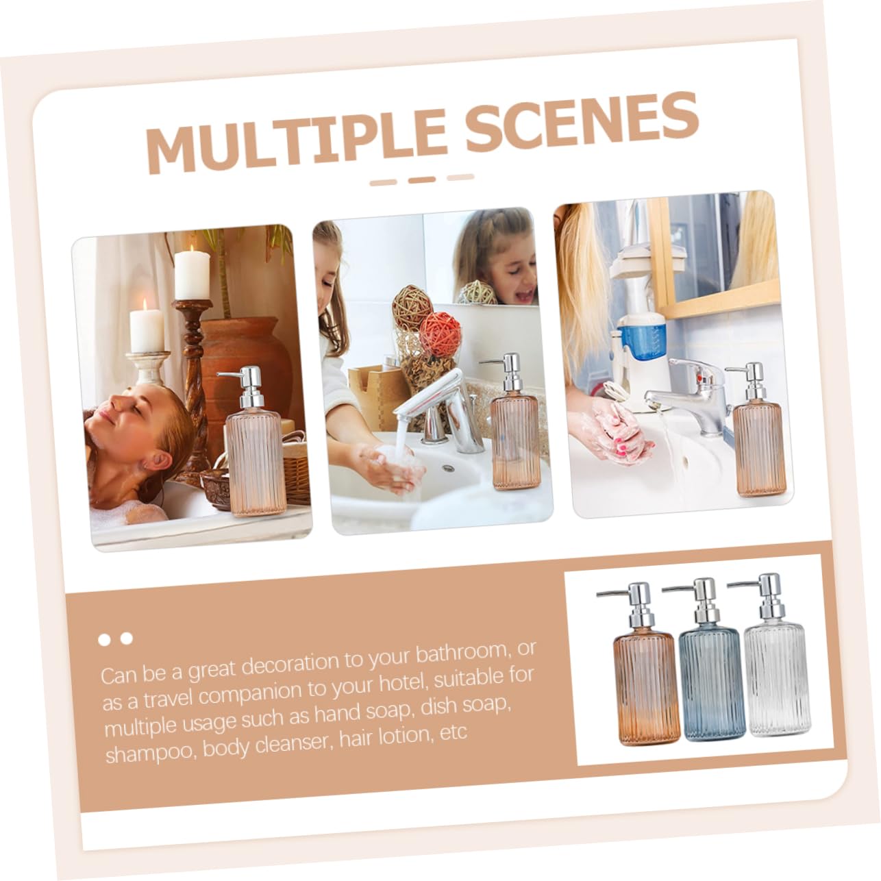 LABRIMP 3 Piezas Botella de Dosificador de Jabón de Vidrio para Jabón Líquido Champú y Loción Diseño Moderno y Reutilizable Dispensador para Baño y Cocina Transparente y Textura
