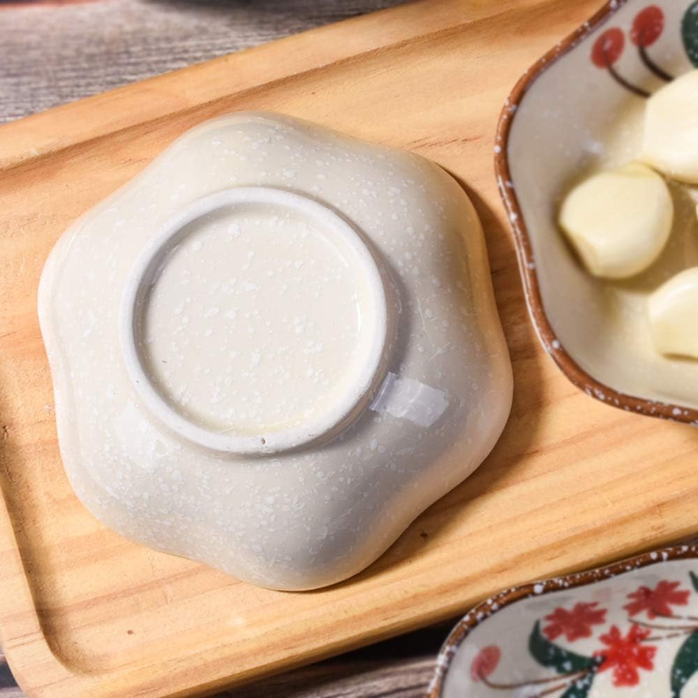 Japanese Ceramic Dipping Bowls Set of 5, 4" Hand-Painted Saffron Flower Soy Sauce Dishes, Scalloped Edge Porcelain Mini Side Bowls for Sushi, Wasabi, Condiments & Dips, Dishwasher Safe