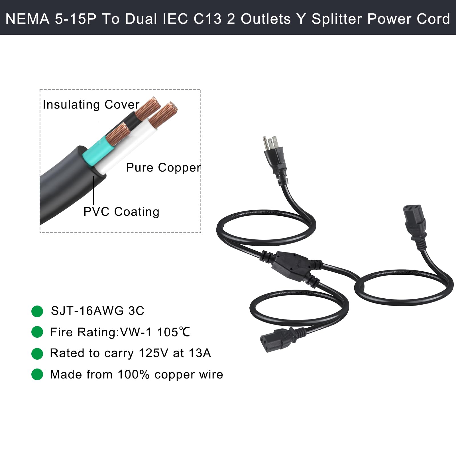 Rozdzielacz Y 6 stóp NEMA 5-15P do 2X IEC60320 C13 2-drożne wyjście AC, SJT 16AWG Uniwersalny do laptopa 3-pinowego C13 Y Spliiter do monitora/telewizora