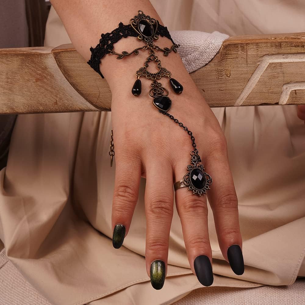 Missgrace Women Vintage Gothic Black Lace Bracelet with Ring Bangle Bracelet Metal Crystal Charm Steampunk Lace Black Chain Tassel Bracelet Rings for Women - Image 3