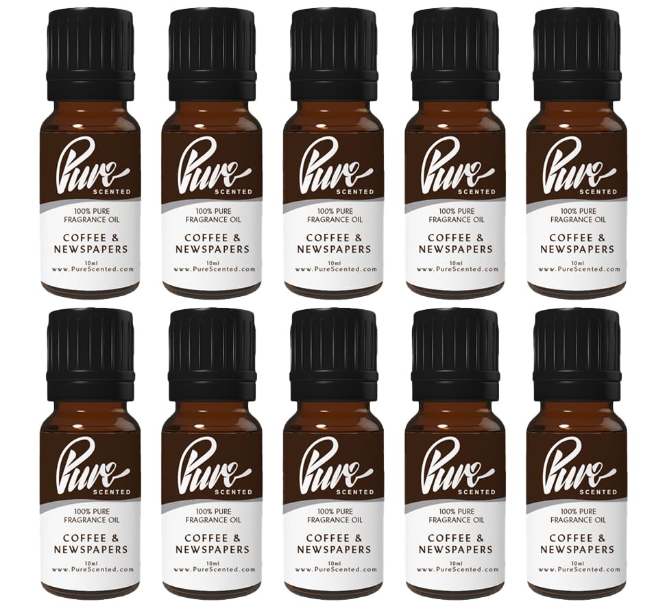 Pure Scented 100ml Fragrance Oils - 10 x 10ml Suitable for Candles, Soaps, Slime, Diffusers, Cosmetics, Wax Melts, Designer (10 x 10ml, Coffee & Newspapers)