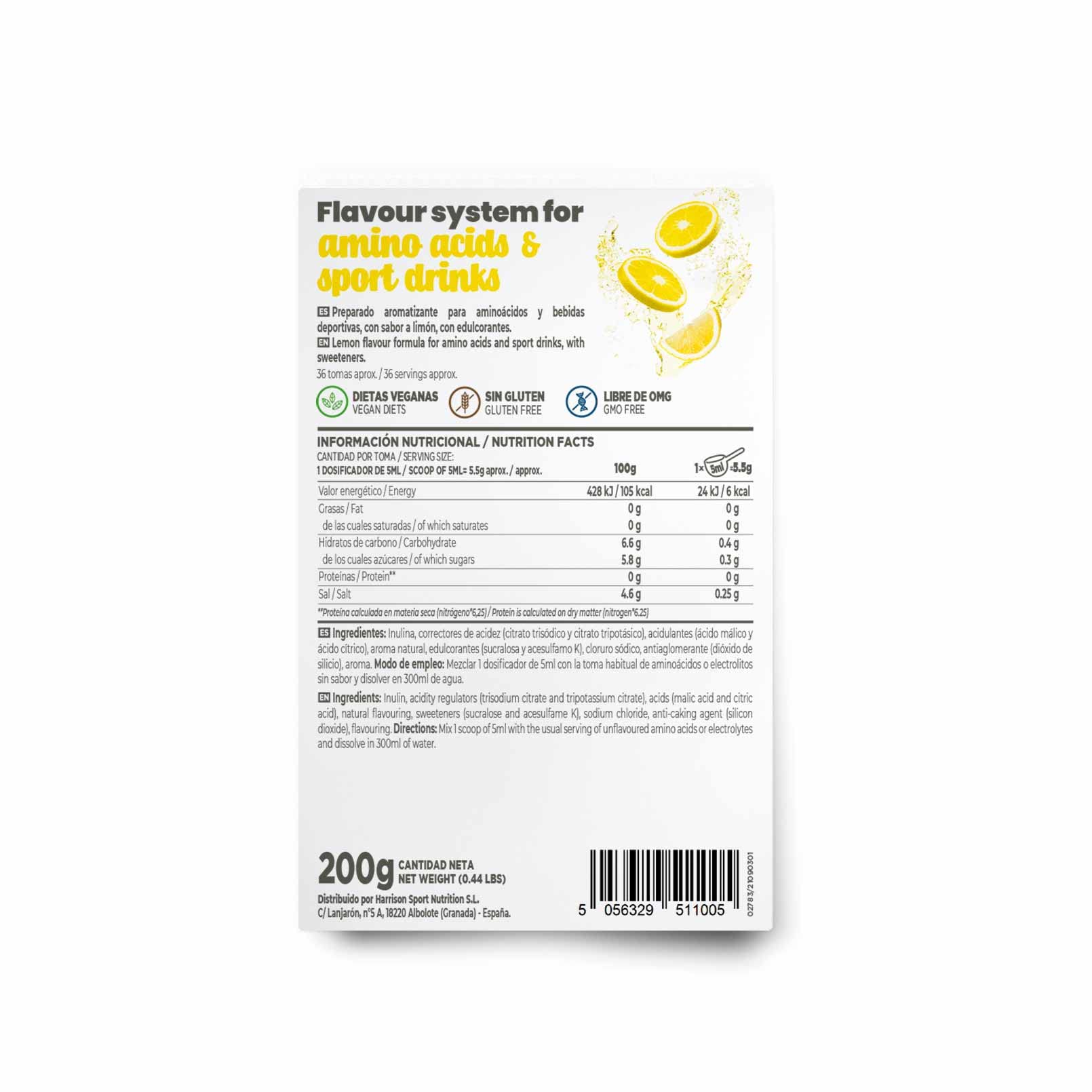 Saborizante para Aminoácidos y Bebidas Deportivas de HSN | Sabor Limón 200 g = 36 Tomas Por Envase | Para la Dieta Keto y Vegana | Extremadamente Bajo en calorías y azúcar | No-GMO, Sin Gluten