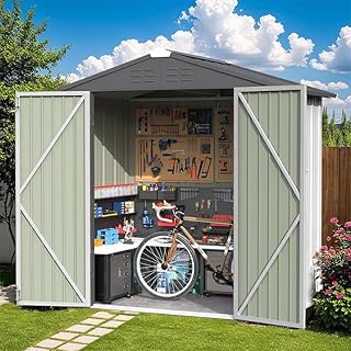 Greesum 6x4FT Outdoor Storage Shed, Metal Storaged Sheds with Lockable Doors, Sheds & Outdoor Storage for Bike, Backyard, Pool and Garden, White