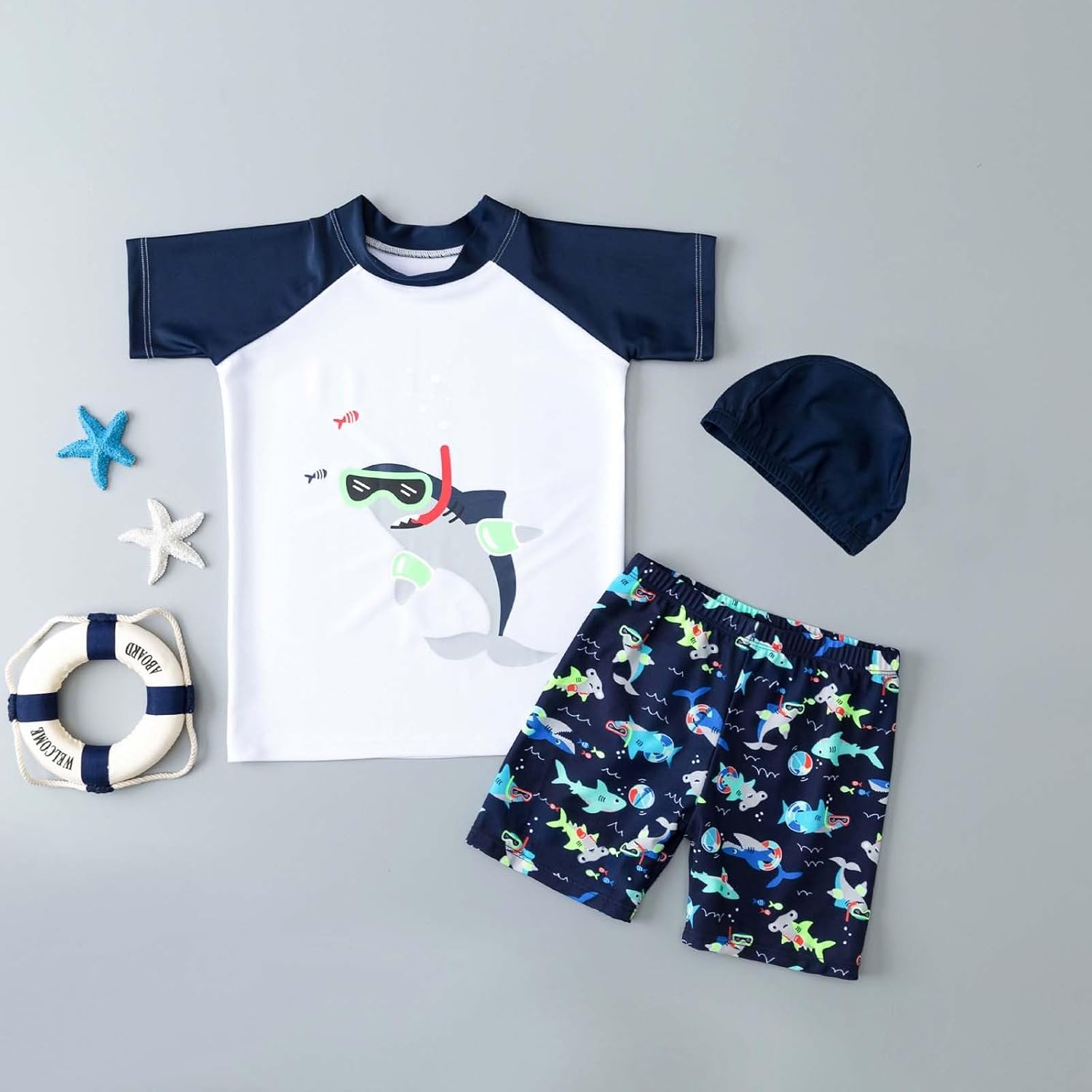 Swimming Top and Boys Swim Trunks 3-Piece Quick Dry Short Sleeve Swimwear Boys Print Round Neck Beach Trunks Rash Guard Sets