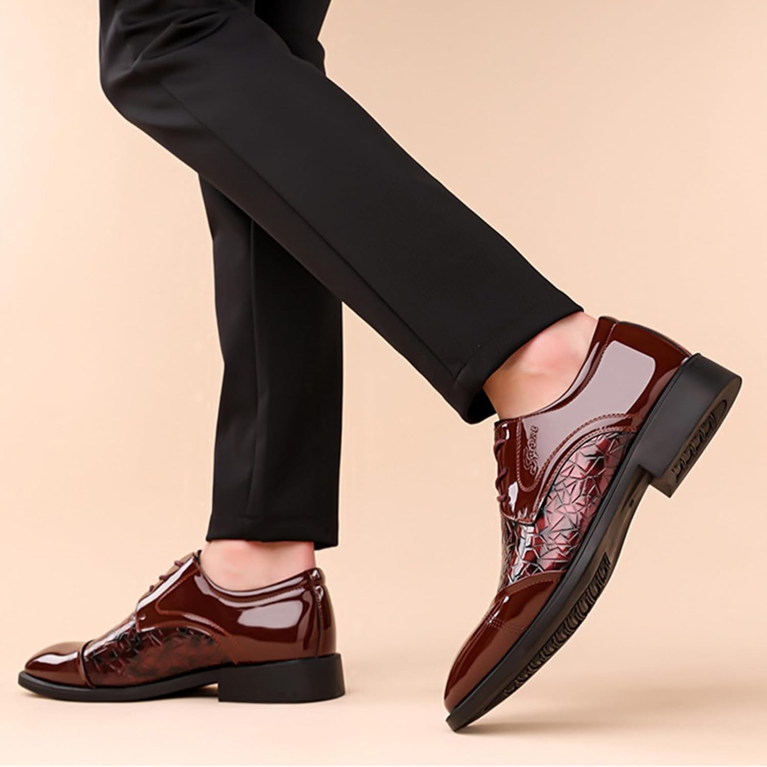 Men’s Classic Patent Leather Print Cap Toe Dress Oxfords Comfort Non-Slip Soft Sole Lace Up Tuxedo Derby Shoes for Wedding Business Prom - Image 2