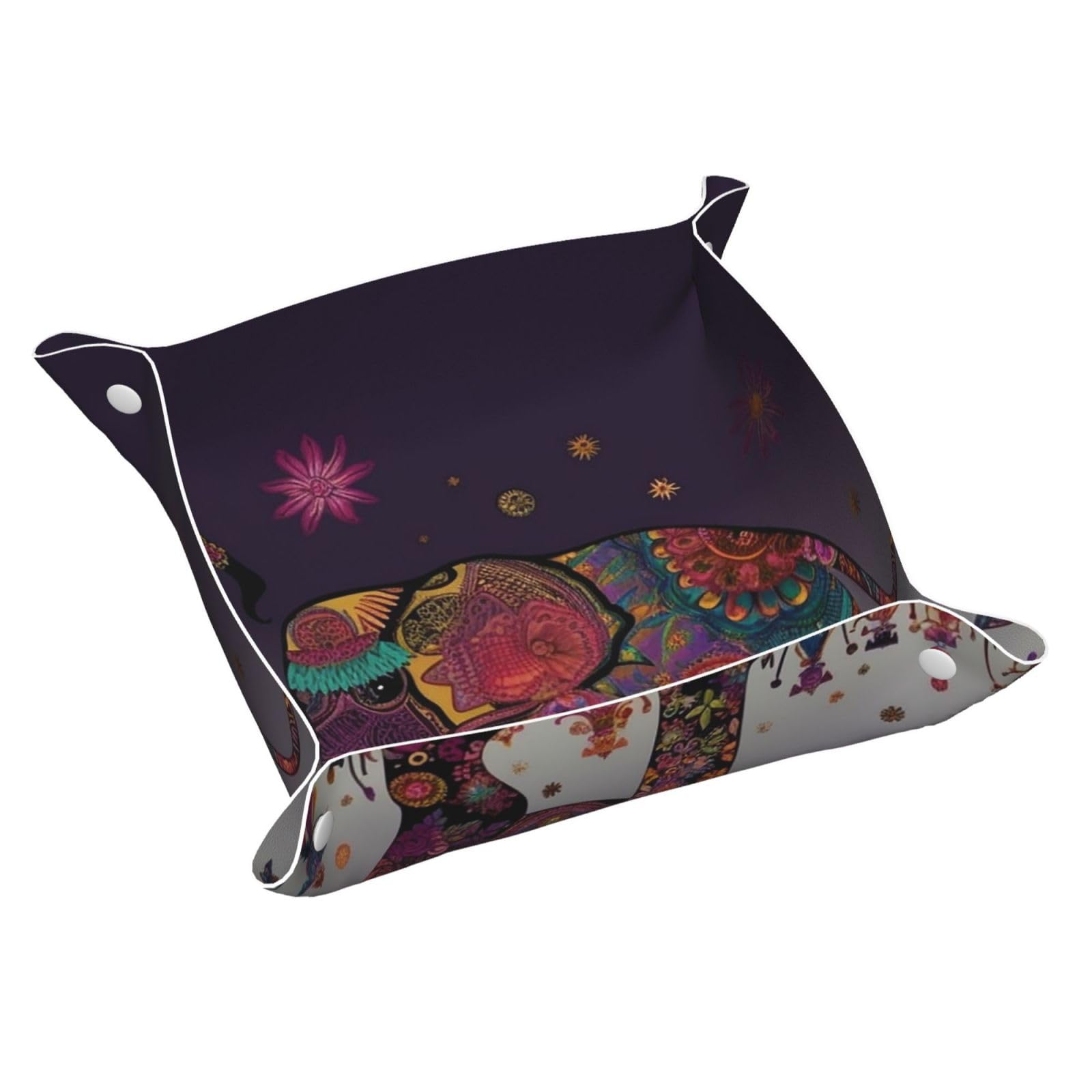 Small Valet Tray Desktop Storage Organizer, Pu Leather Catchall Bedside Vanity Tray Colorful Tribal Floral Elephant Nightstand Caddy Holder for Remote Controller, Keys,Coin, Jewelry