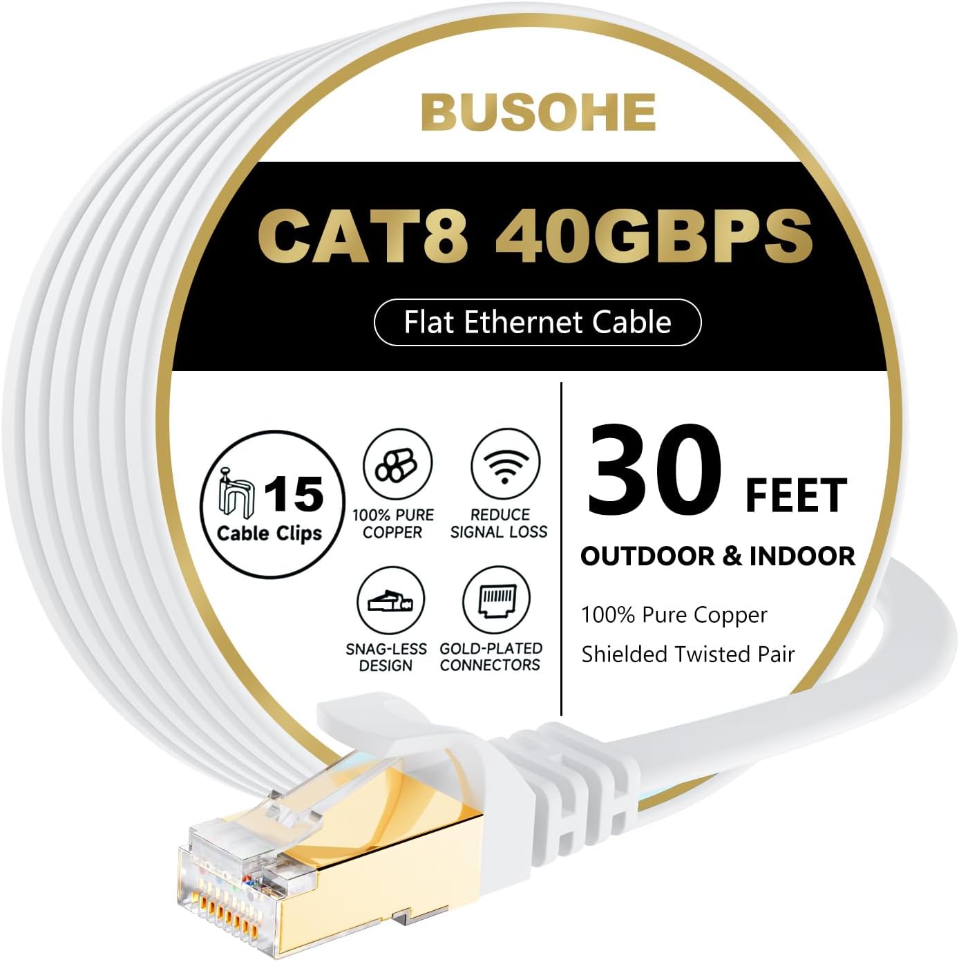 BUSOHE Cat 8 Ethernet Cable 30 FT, 40Gbps 2000Mhz High Speed Flat Cat8 Cable Patch Cord with Gold-Plated RJ45 Connector, LAN Network Internet Cable with 15 Clips for Router/Gaming/Computer, S/FTP