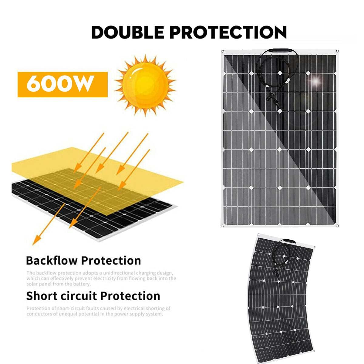 Panneau Solaire 600W/1200W 18V avec Technologie Etfe, Cellule Solaire Flexible, Câble DIY, Étanche, Système d'alimentation Rechargeable pour Voiture Et Camping-Car,1200w