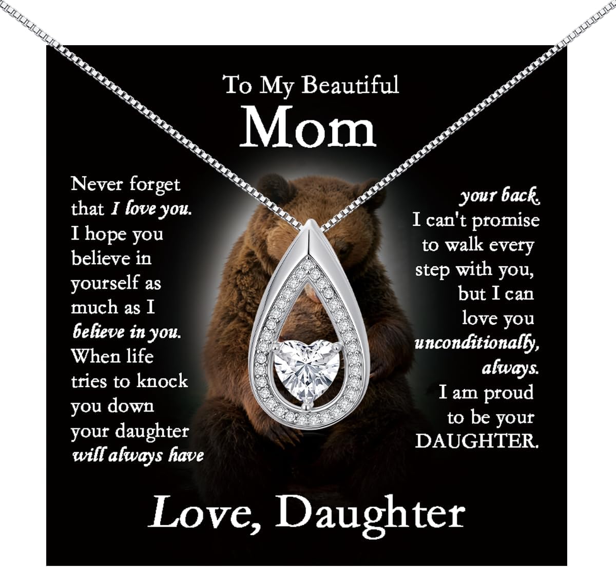 POIUY To My Beautiful Mom Necklace from Daughter – 18K White Gold Pendant with Message Card and Gift Box, Meaningful Jewelry Gifts for Birthday, Mothers Day, or Christmas