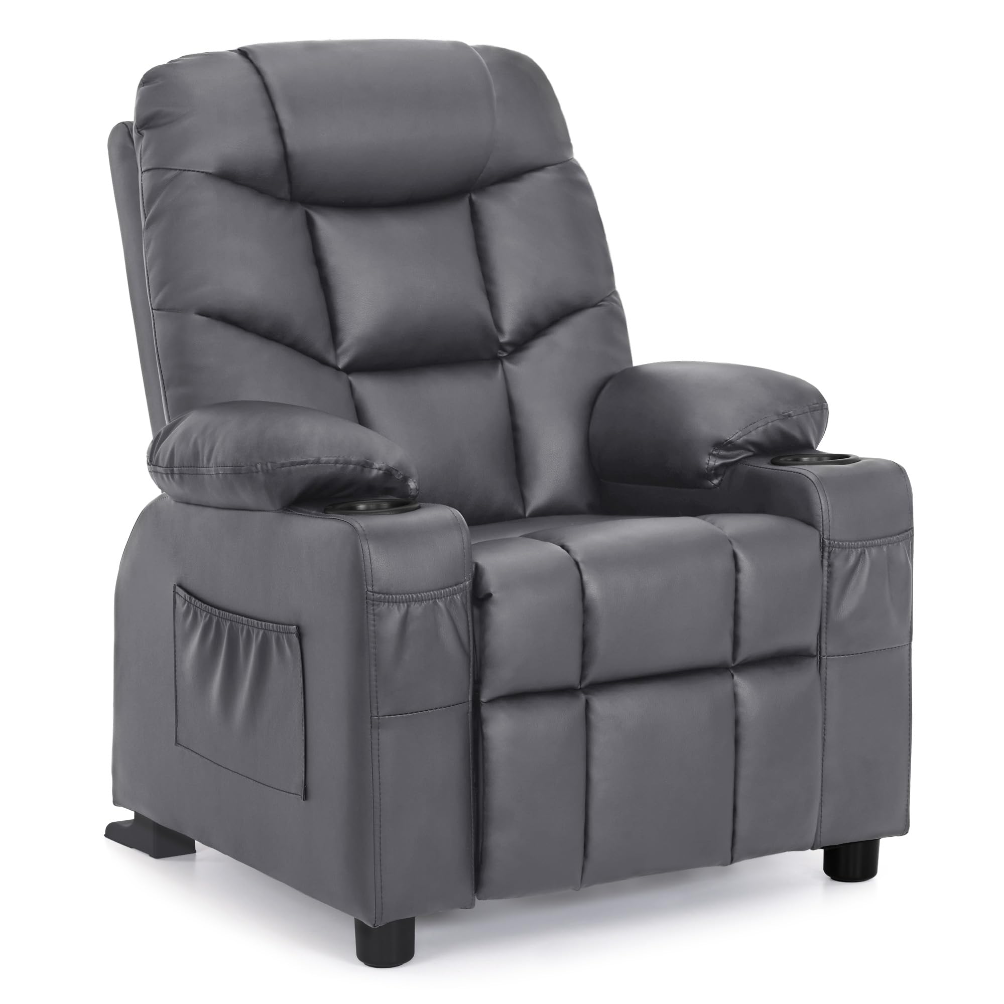 MCombo Big Kids Recliner for Ages 3+, Child Reclining Chair, Toddlers Recliner Sofa with Cup Holders (Faux Leather, Dark Grey)