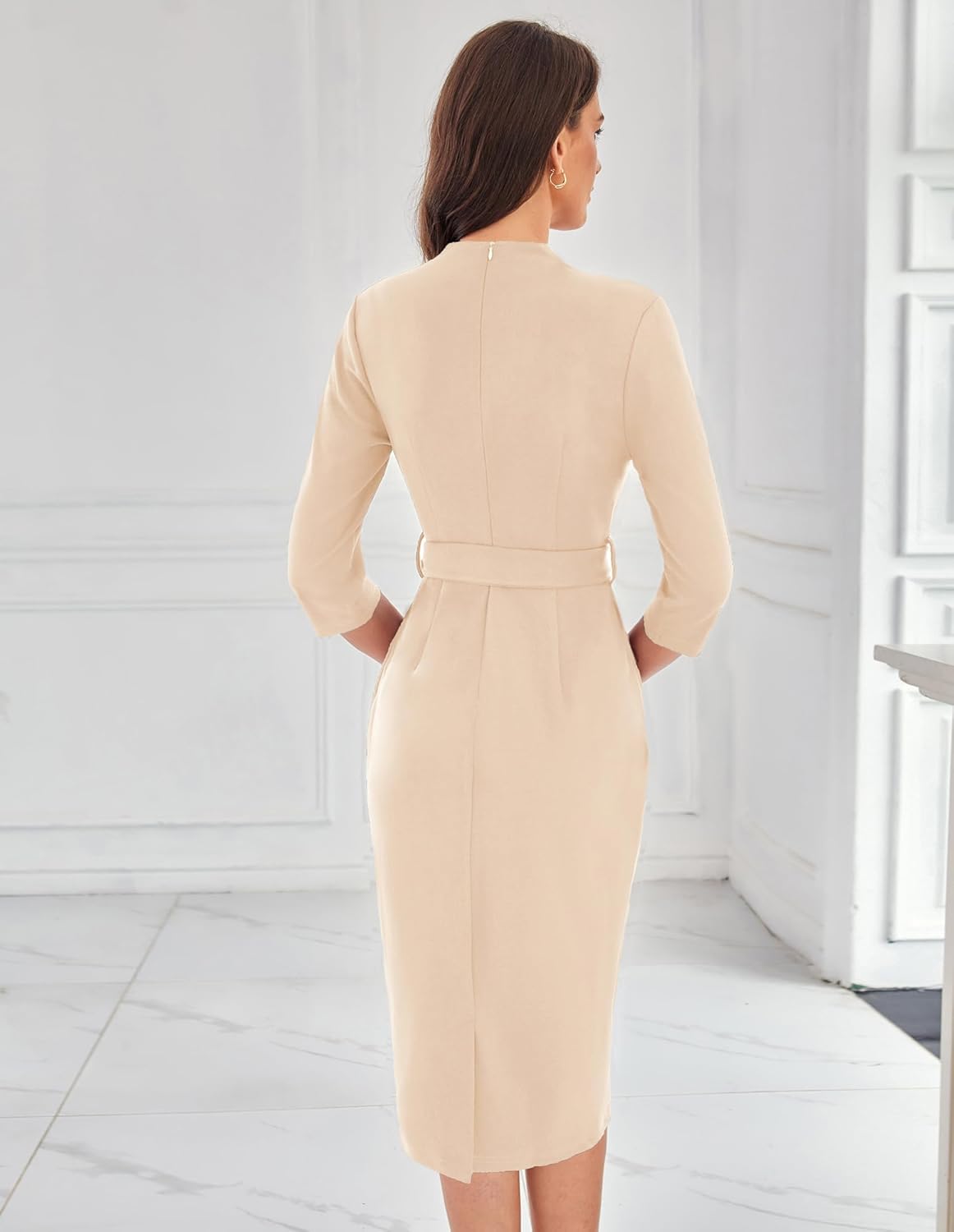 GRACE KARIN Womens Work Dresses V Neck 3/4 Sleeve Back Zipper Tie Waist Bodycon Dress Office Cocktail Dress with Pockets - Image 4