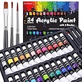 Acrylic Paint Set, 24 Rich Pigment Colors with 3 Art Brushes for Painting Canvas, Wood, Ceramic & Fabric, Rich Pigments Lasting Quality for Beginners, Students & Professional Artist