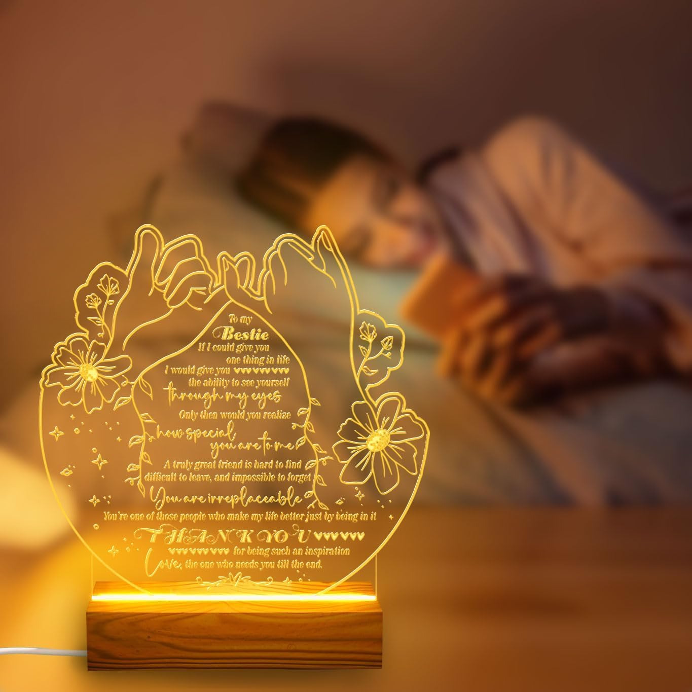 Bestie Gifts Heartfelt LED Night Light for Best Friend - Bestie Birthday Gifts - USB Powered Lamp with Pinky Promise Design and Touching Message - Wooden Base - Perfect Friendship Gift for Home Decor - Image 6