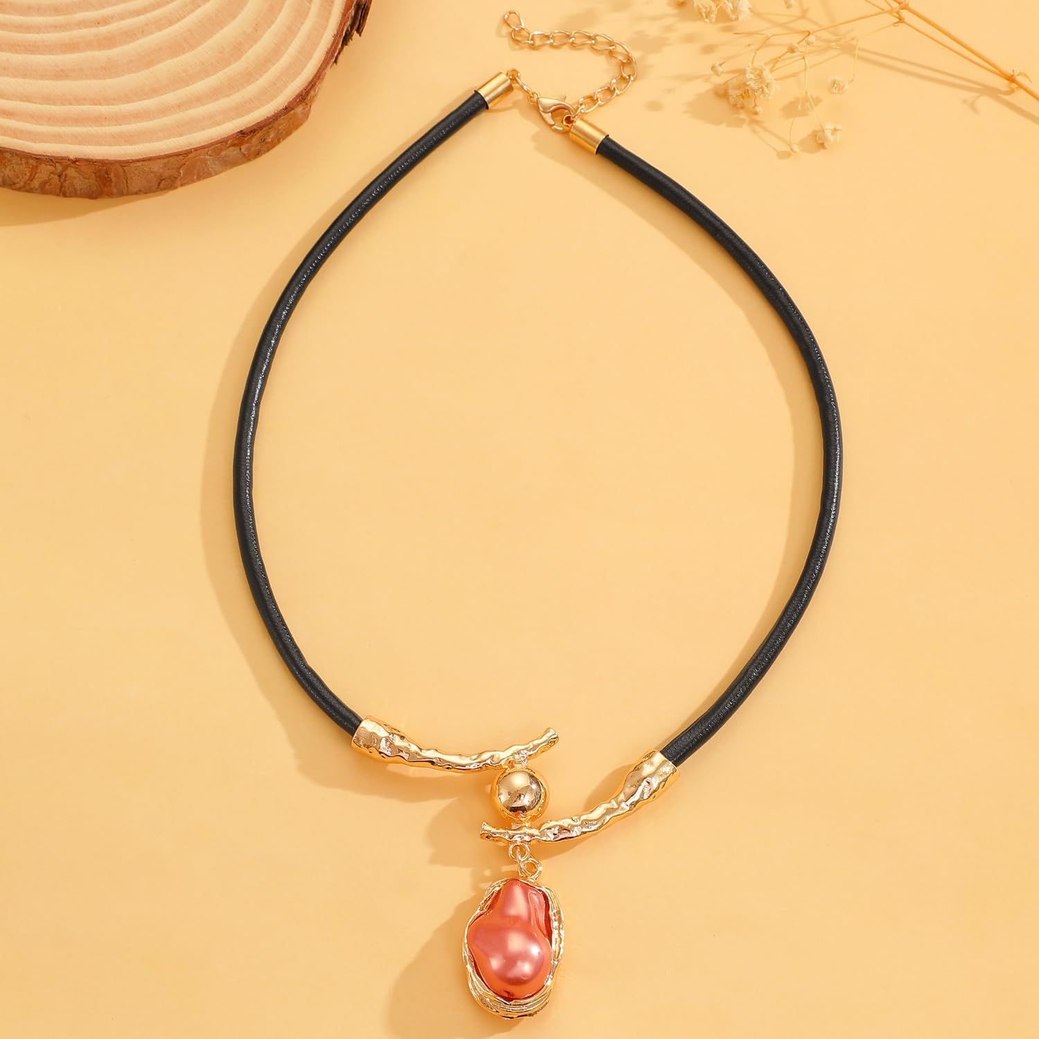 Pearl Statement Necklace for Women,Large Baroque Pearl Leather Chain Necklace for Wedding Bridal,Trendy Vintage Jewelry Accessories - Image 3