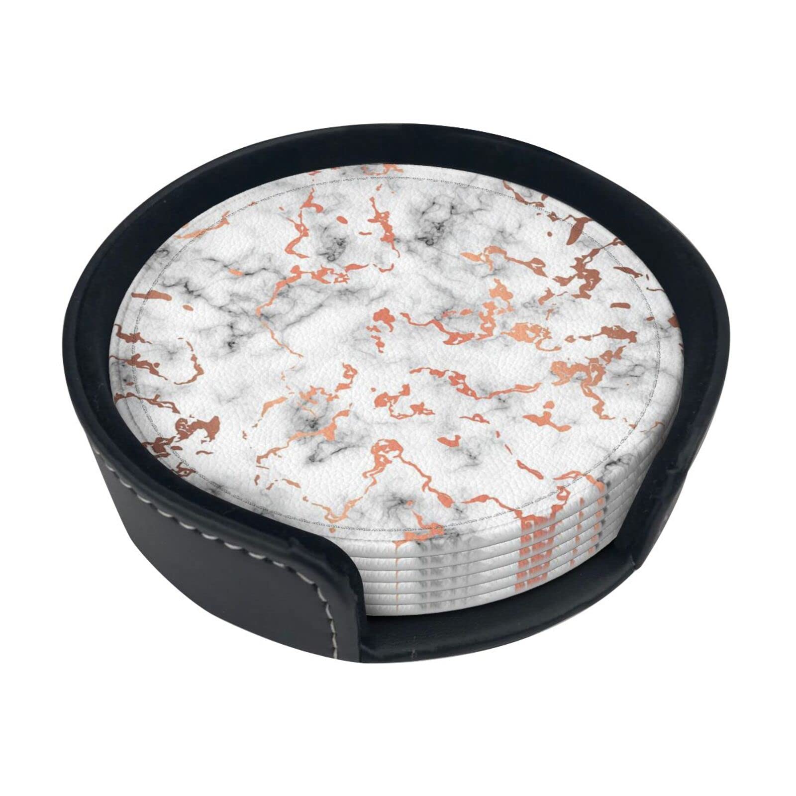 Coasters Set Of 6 Marble Texture Copper Splatter Print Leather Coasters For Drinks,Home Décor And Housewarming Gift