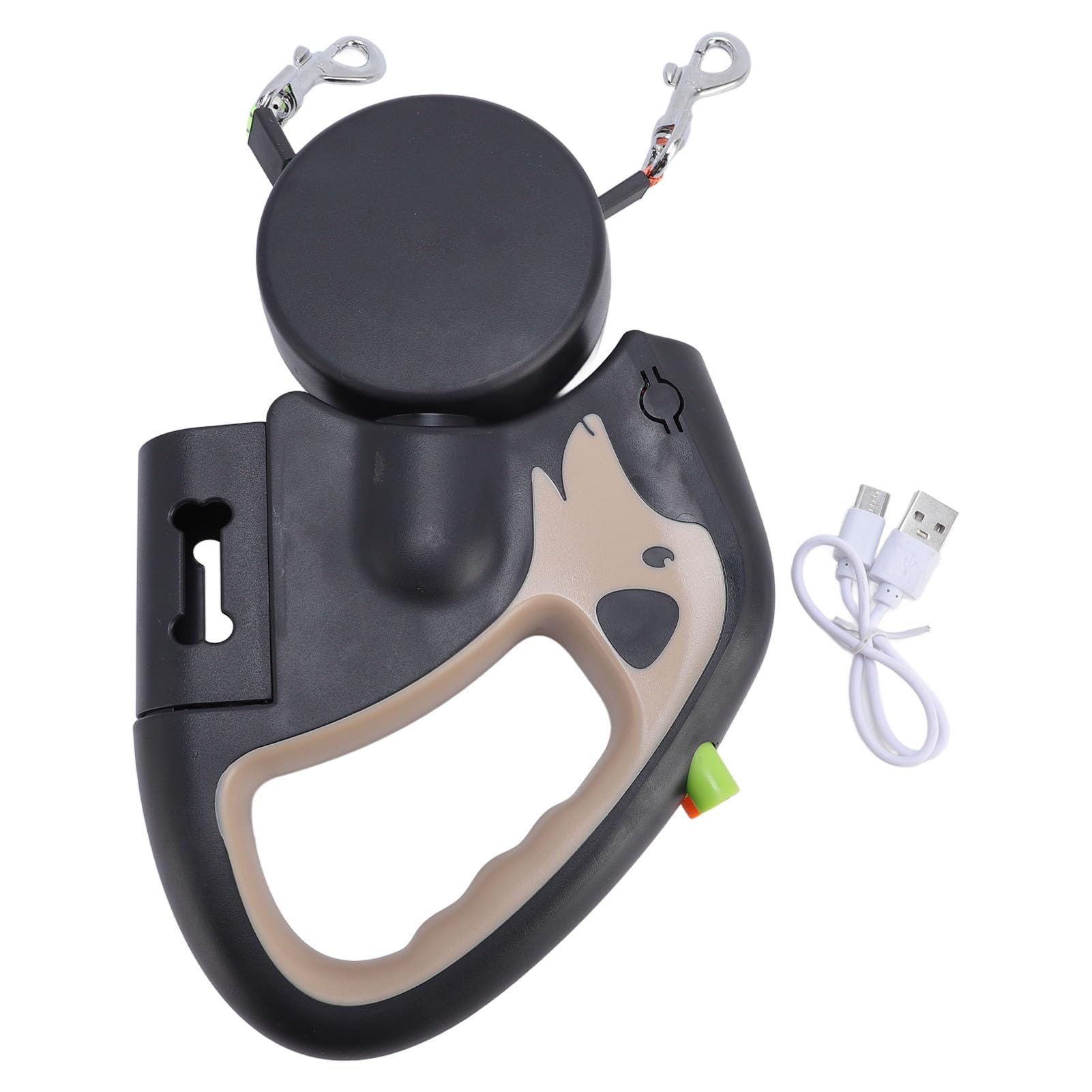 Tnfeeon Correa para Diseño de Doble Cabeza para Caminar 2 Perros Longitud Ajustable con Batería Incorporada de 500 MAh Correa de Tracción para Mascotas Retráctil Automático (Caqui)