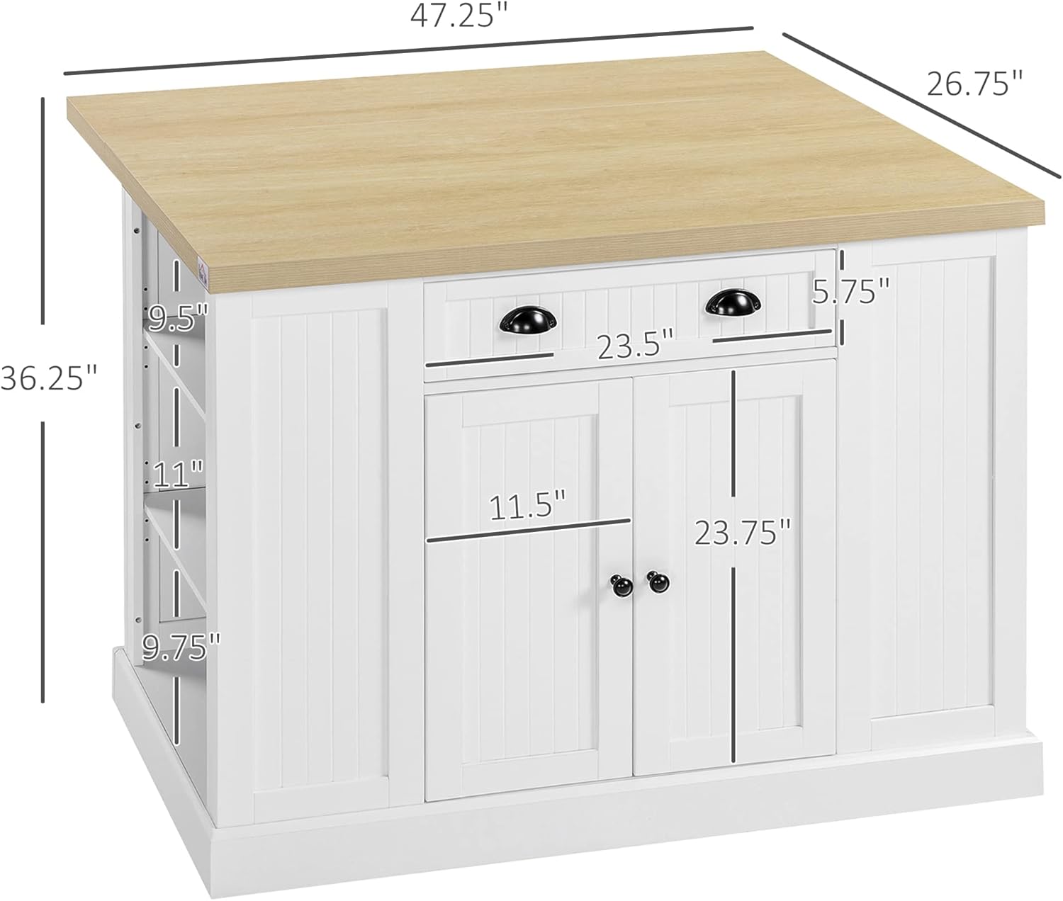 HOMCOM 47" Fluted-Style Wooden Kitchen Island, Kitchen Countertop Storage Cabinet with Drop Leaf, Drawer, Open Shelves, Storage, White