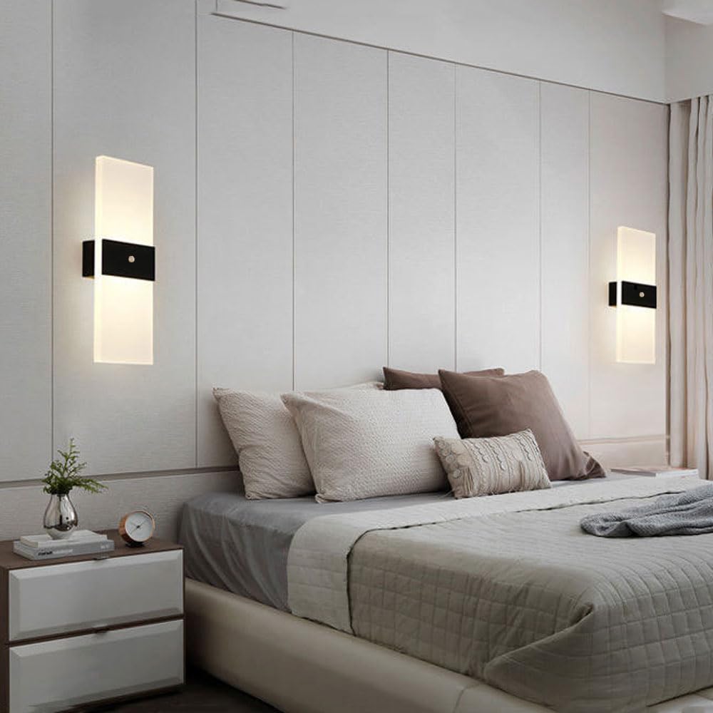 Aplique de Pared LED Rectangular Negro con Detector de Movimiento, 12 W, 3000 K/6000 K, Ideal para pasillos, escaleras y entradas de hoteles. Lámpara de Pared de 6000 K.