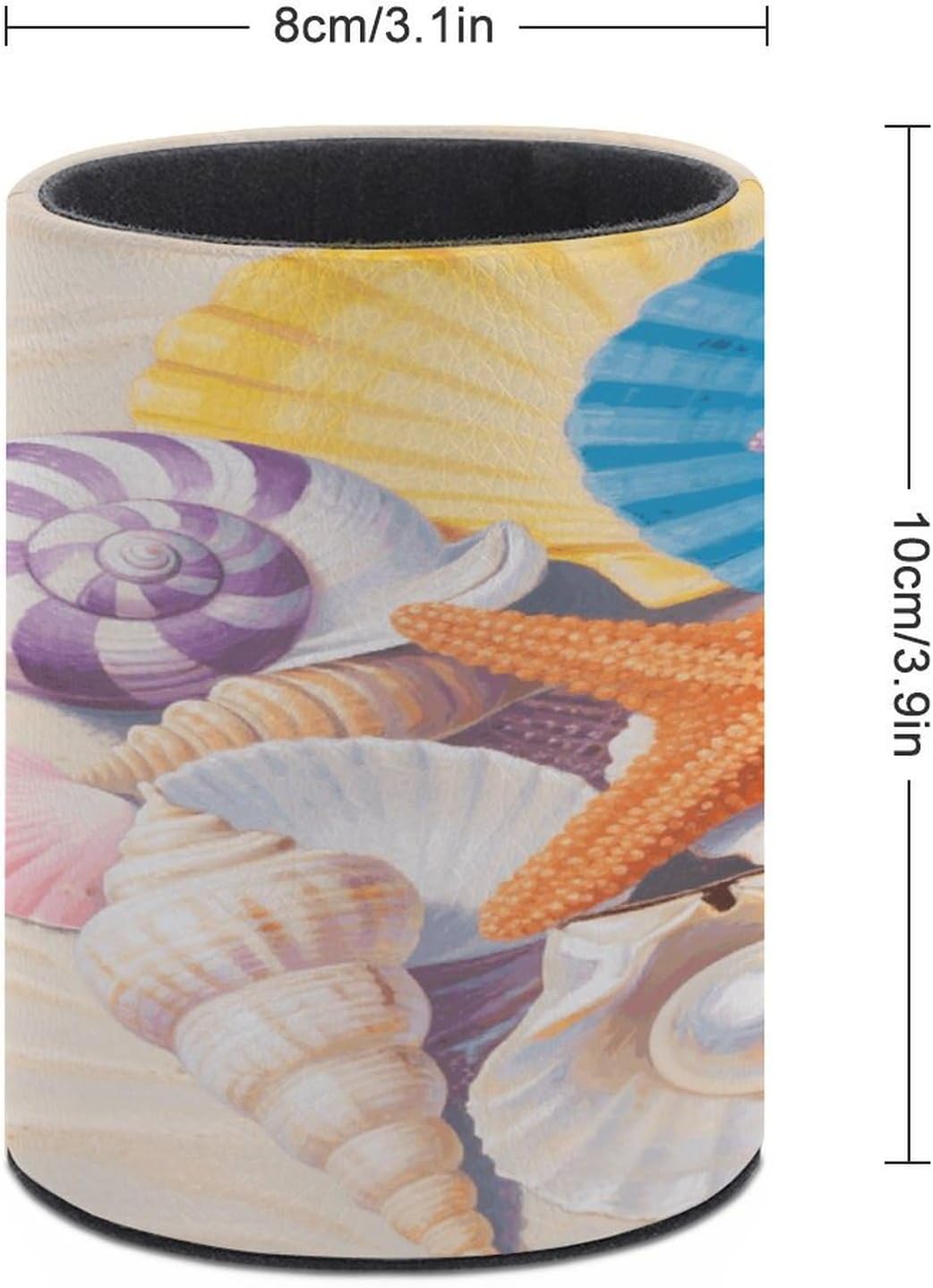Colorful Seashell And Starfish Round Pen Pencil Holder PU Leather Pencil Cup Desktop Stationery Organizer Stand Desk Organizer Cute Makeup Brush Holder, Office Accessories Container image 2