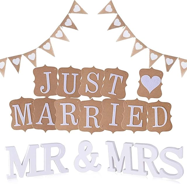 KINDPMA Mr and Mrs Sign Hessian Bunting Just Married Banner Love Heart Bunting Decoration Just Married Decorations Wedding Banners for Car Wedding Table Reception Garden Engagement