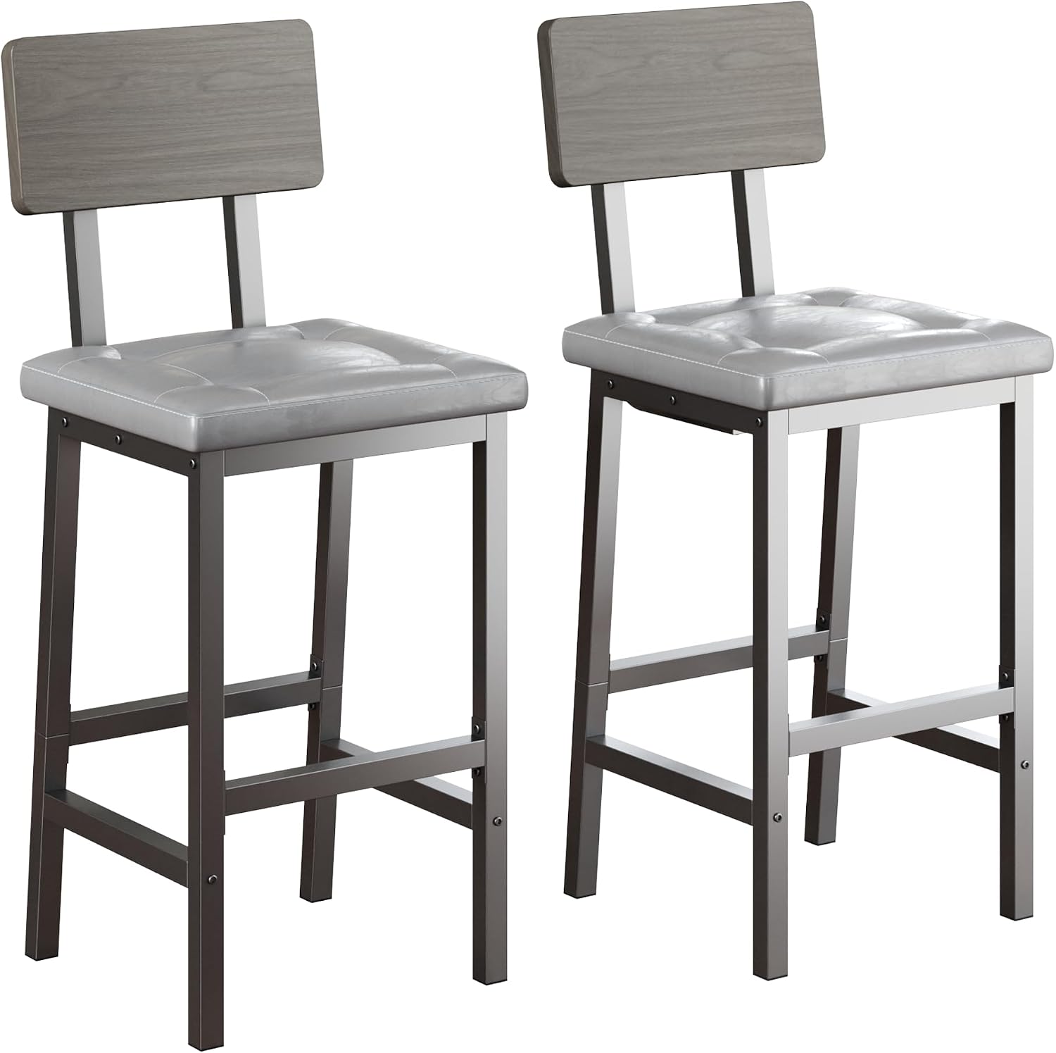 IRONCK Bar Stools Set of 2, 16.5in Square PU Upholstered Barstools with Back and Footrest, Thick Cushion Stools for Kitchen Island for Dining Room Kitchen Counter Bar, Rustic Grey