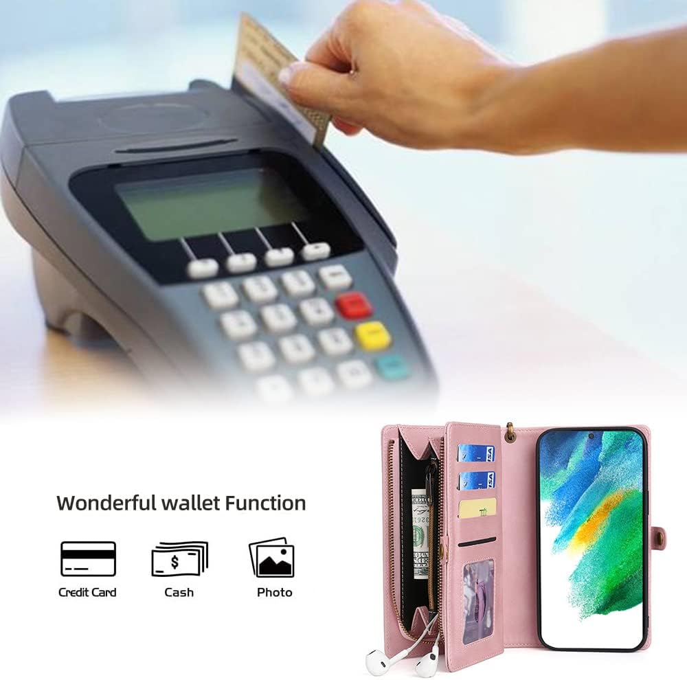 Asuwish Phone Case for Samsung Galaxy S21 FE 5G Zipper Wallet Detachable Cover with Tempered Glass Screen Protector and Flip Card Holder Cell S 21 EF S21FE5G UW S21FE 21S G5 6.4 inch Women Men Pink